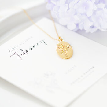 February birthflower gold necklace, engraved with a violet flower
