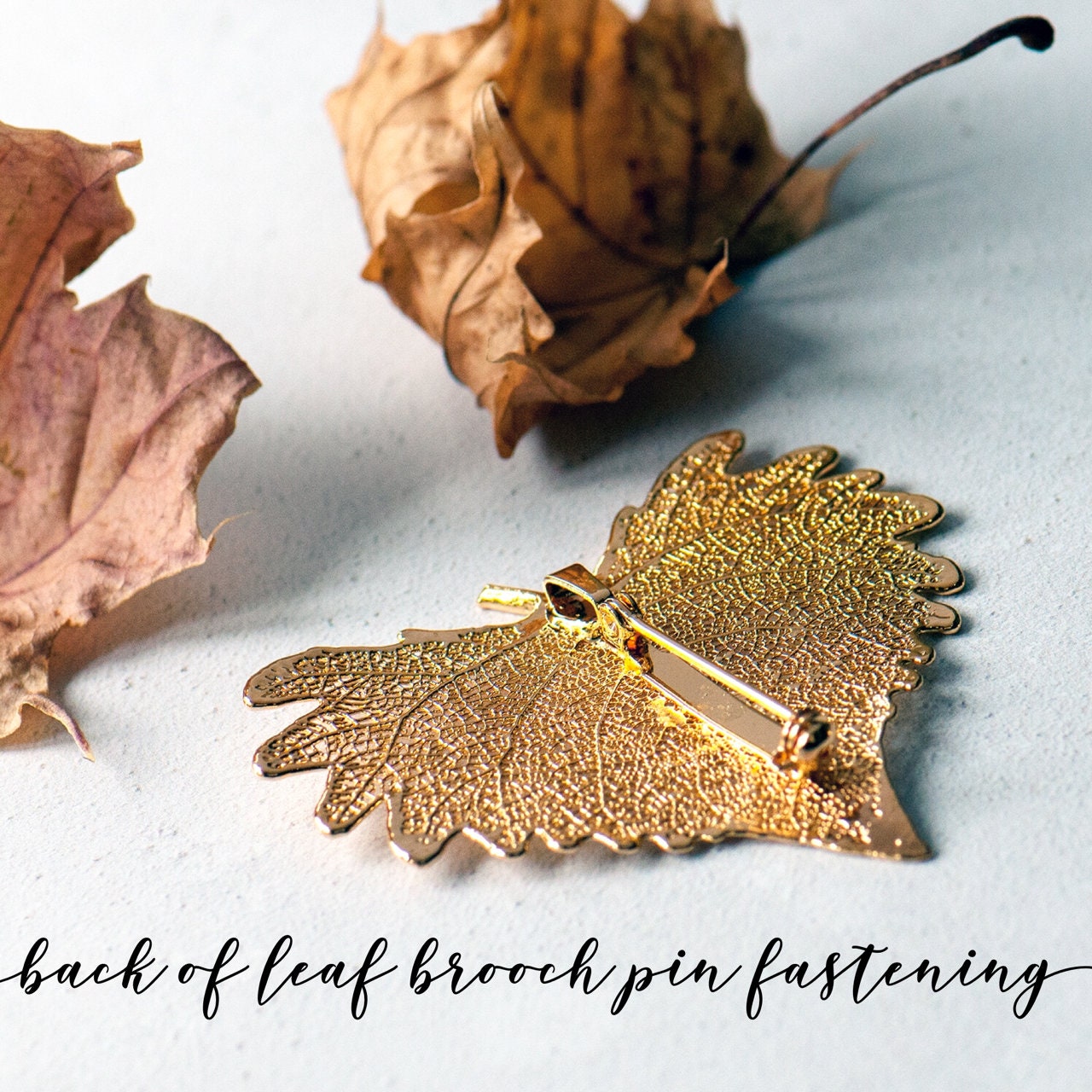 Back of leaf brooch showing the pin and pendant loop