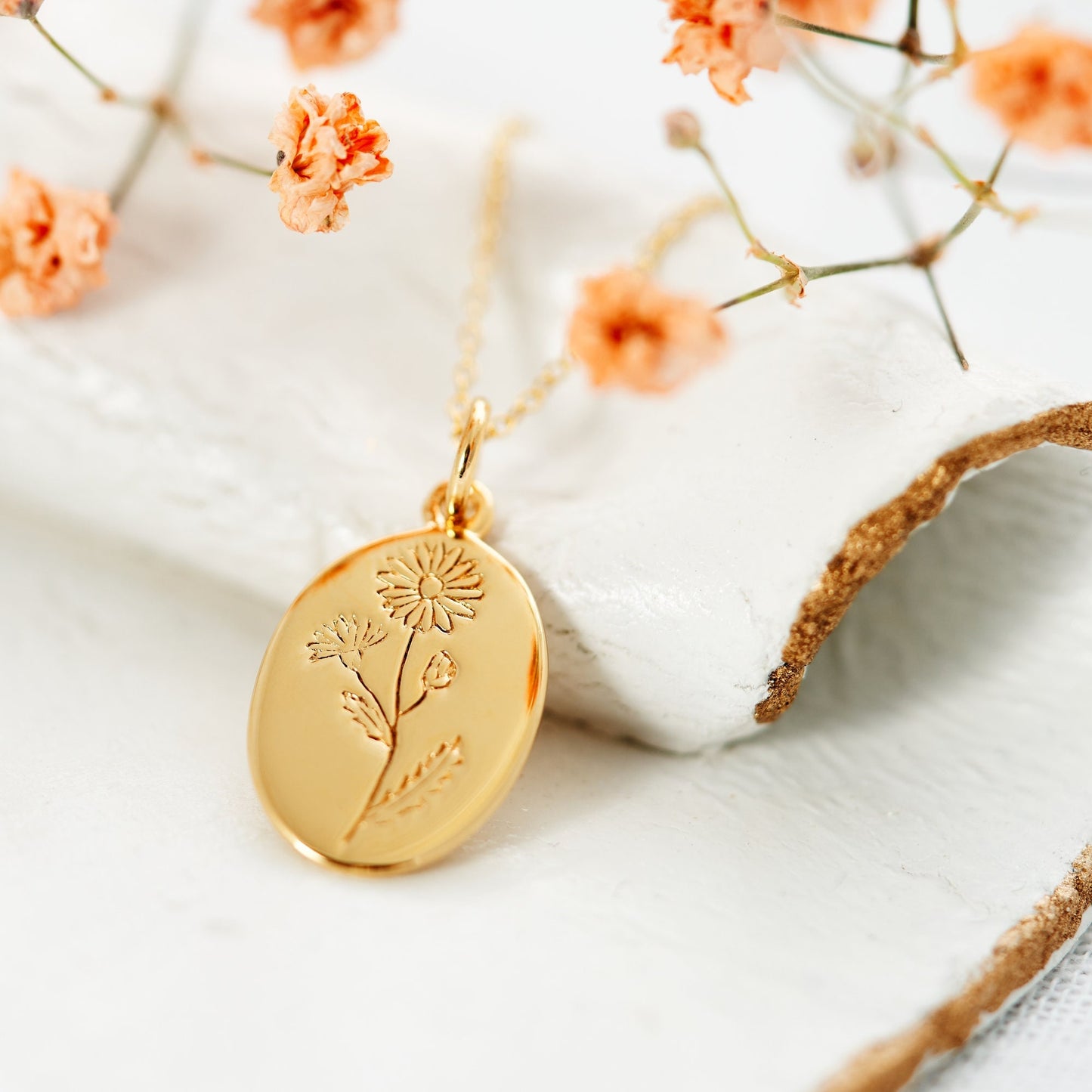 Beautiful Engraved Daisy Flower necklace, the birthflower for April is the cheerful daisy - designed by Rachel, Grace & Valour