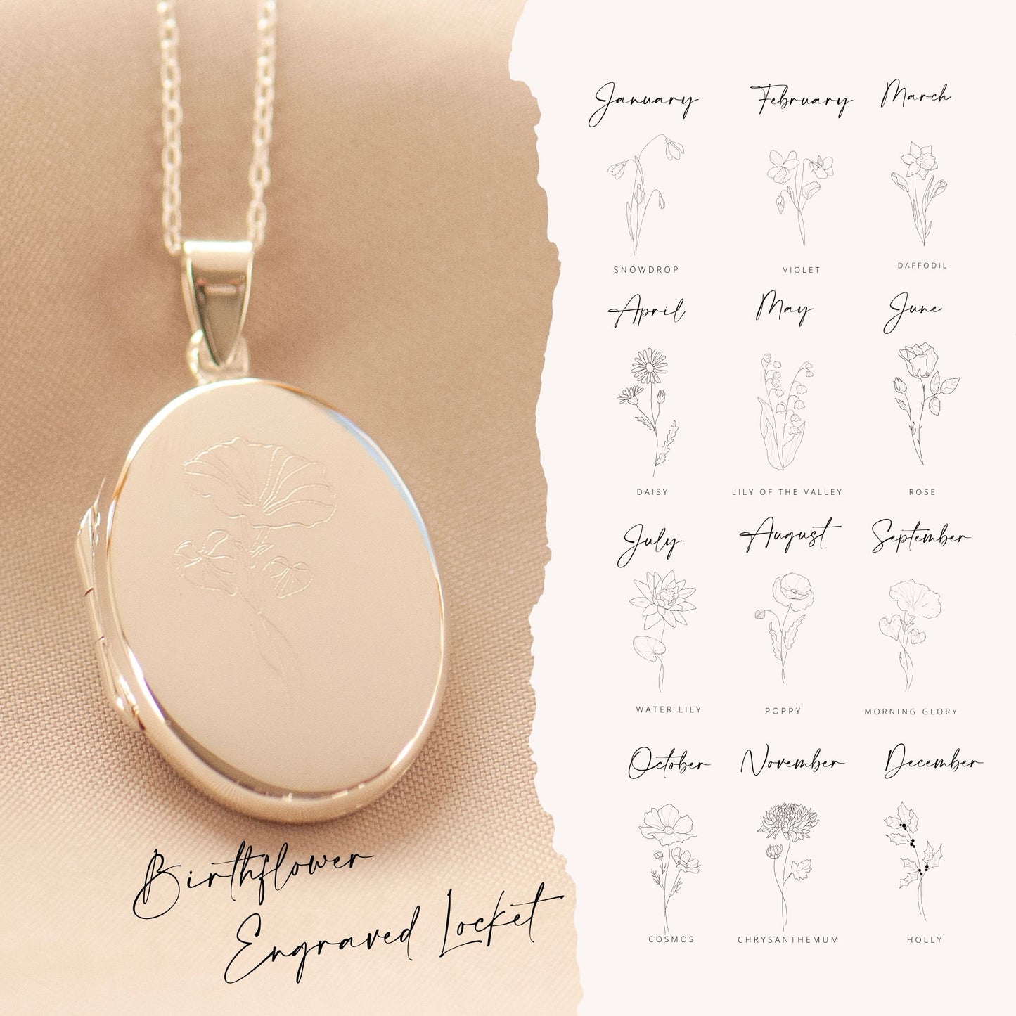 Birthflower sterling silver locket engraved with your birthflower for your birthday month. Great gift for a mother, sister, daughter or friend. Lovely anniversary or wedding gift, the locket holds two photographs and can be engraved on the back with your personal message.
