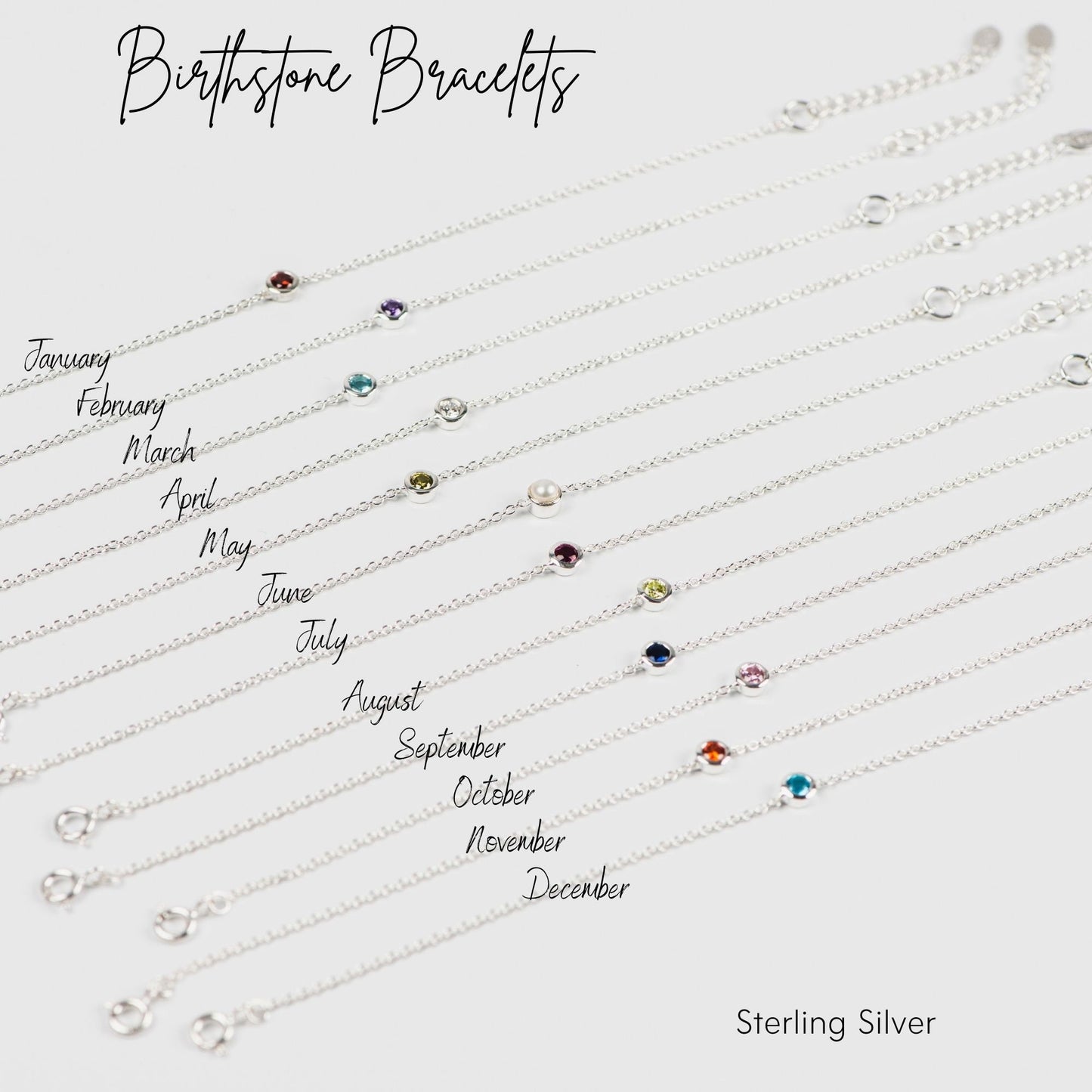 Birthstone bracelets on dainty cable chain, sterling silver a CZ stone in the colour of the appropriate gemstone for the birth month.