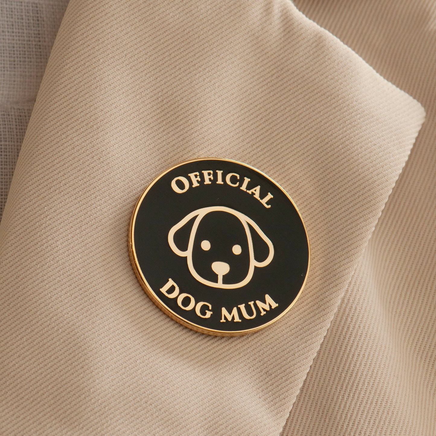 official dog mum lapel pin made from enamel and gold detailing, a quality pin