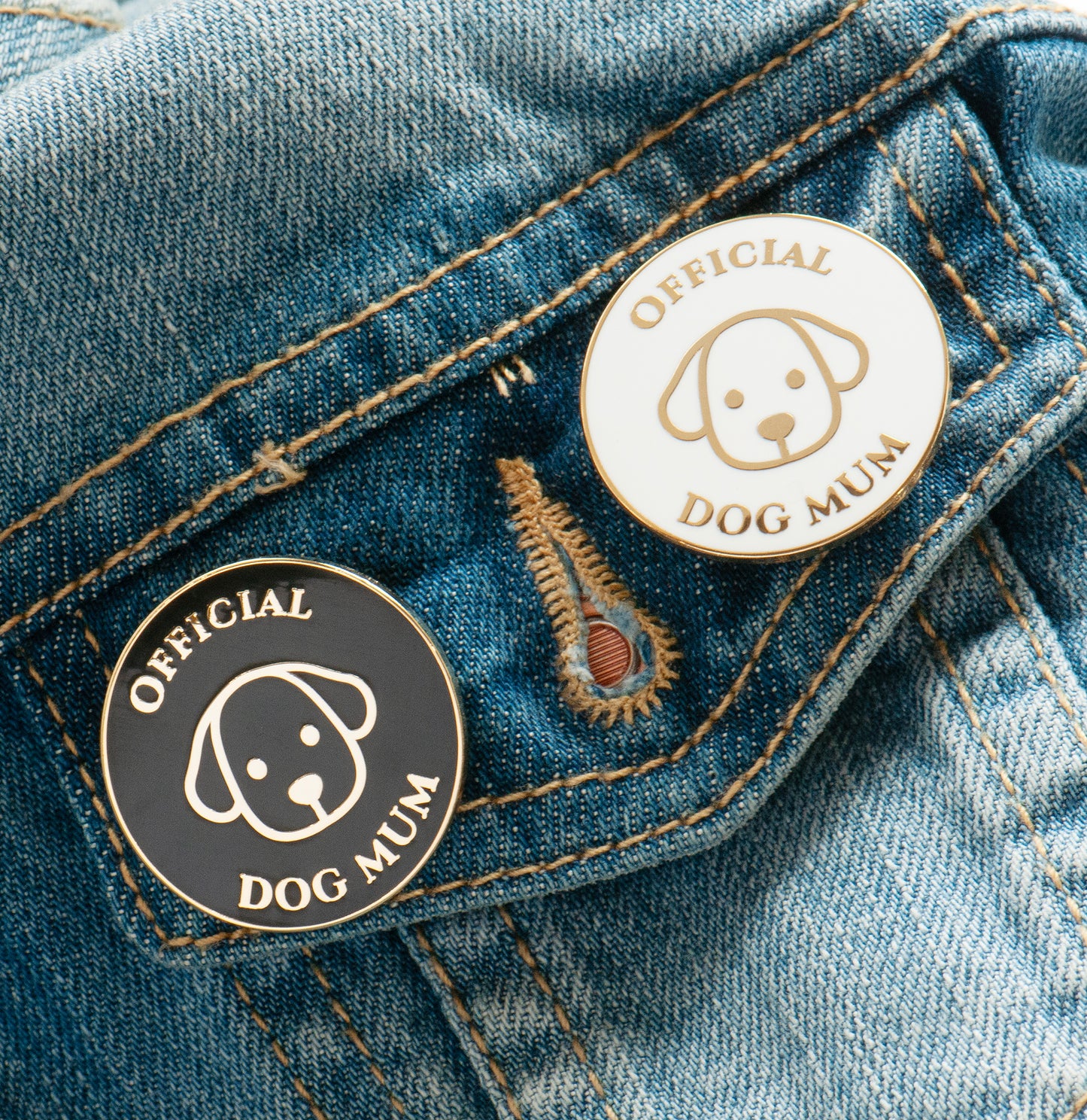 Black and white with gold enamel dog mum pins on jacket pocket, gifts under £10, animal lover gift, dog mum gift, new dog owner gift