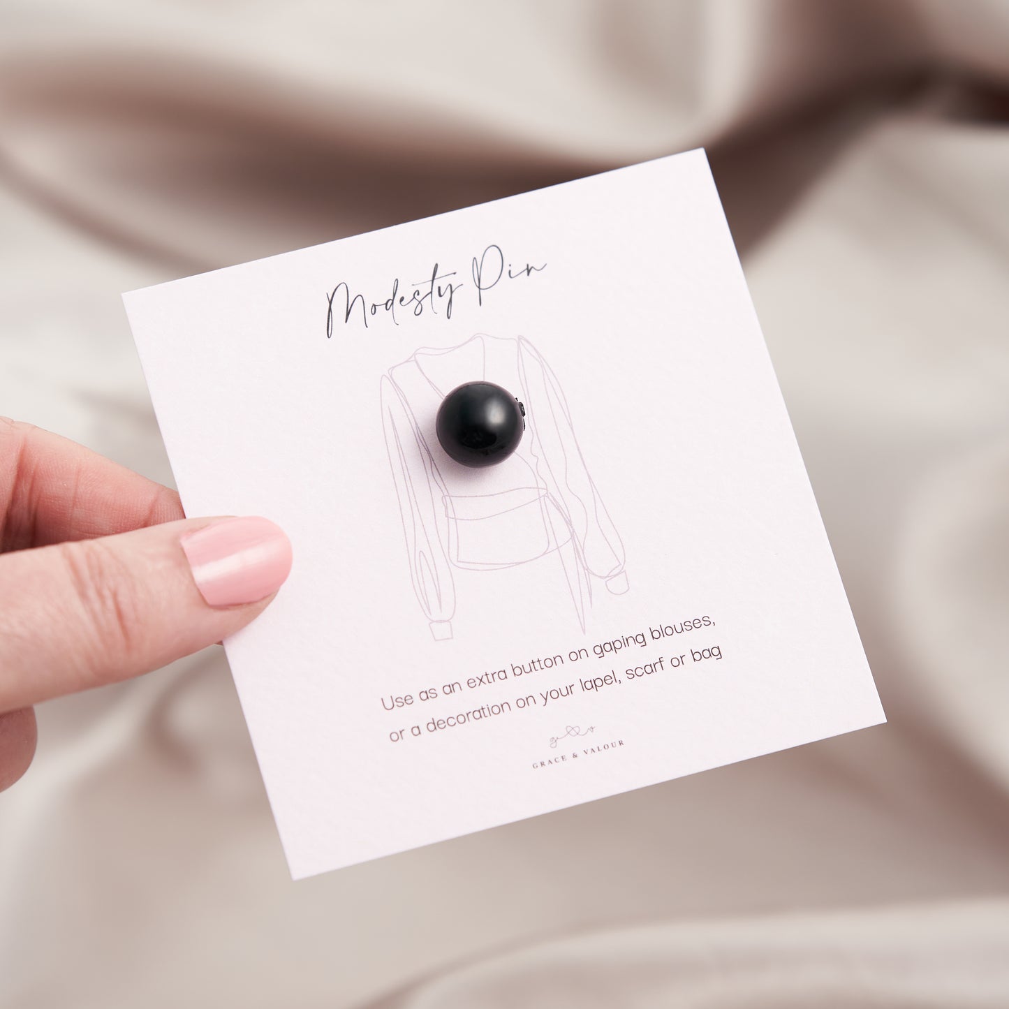 Black faux pearl modesty pin - Grace and Valour on modesty pin gift card, gift for her, extra button pin, gift for mum, gift for friend.