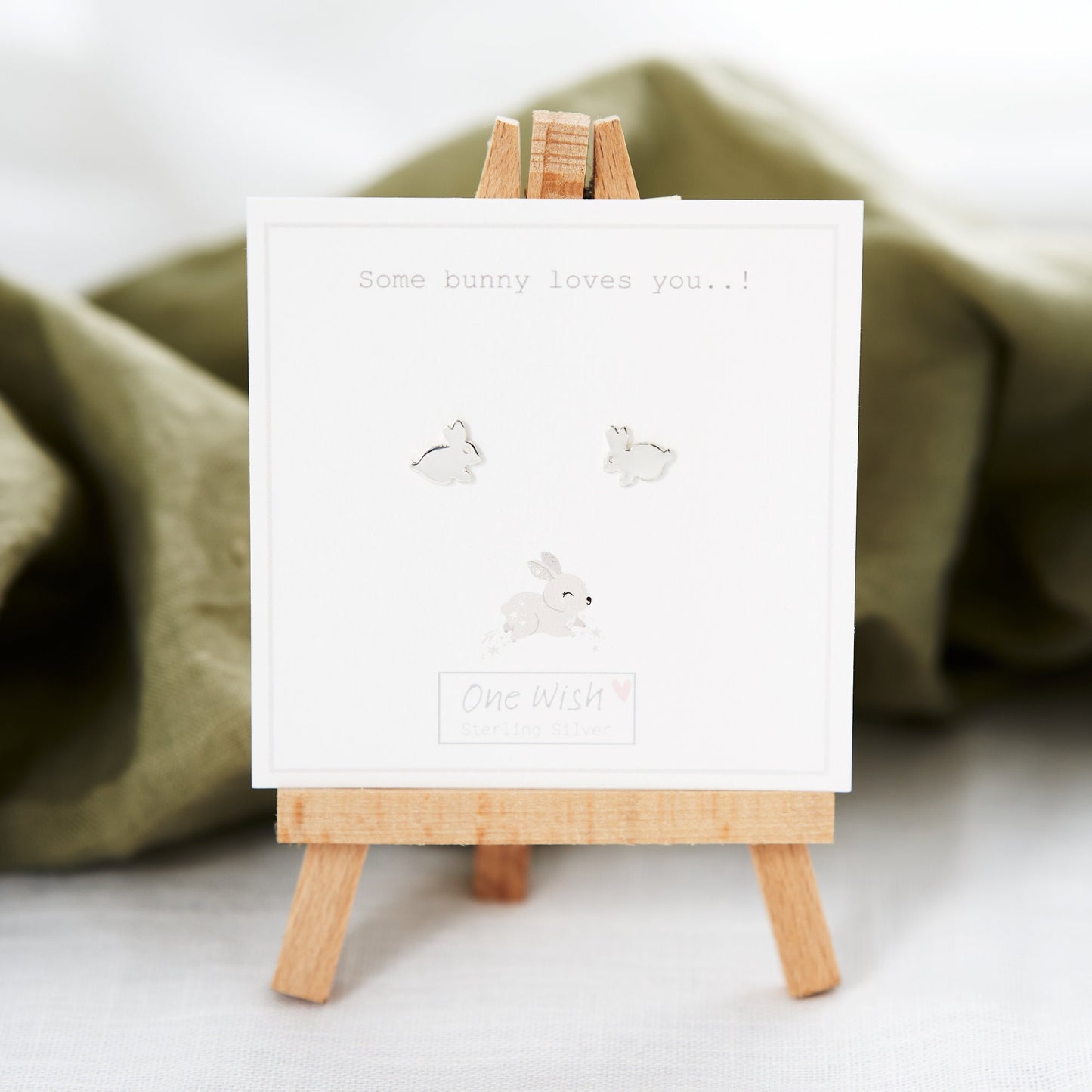 Bunny rabbit sterling silver stud earrings on quote card that reads 'Some bunny loves you' Gift for girlfriend, gift for wife, silver 925 animal stud earrings
