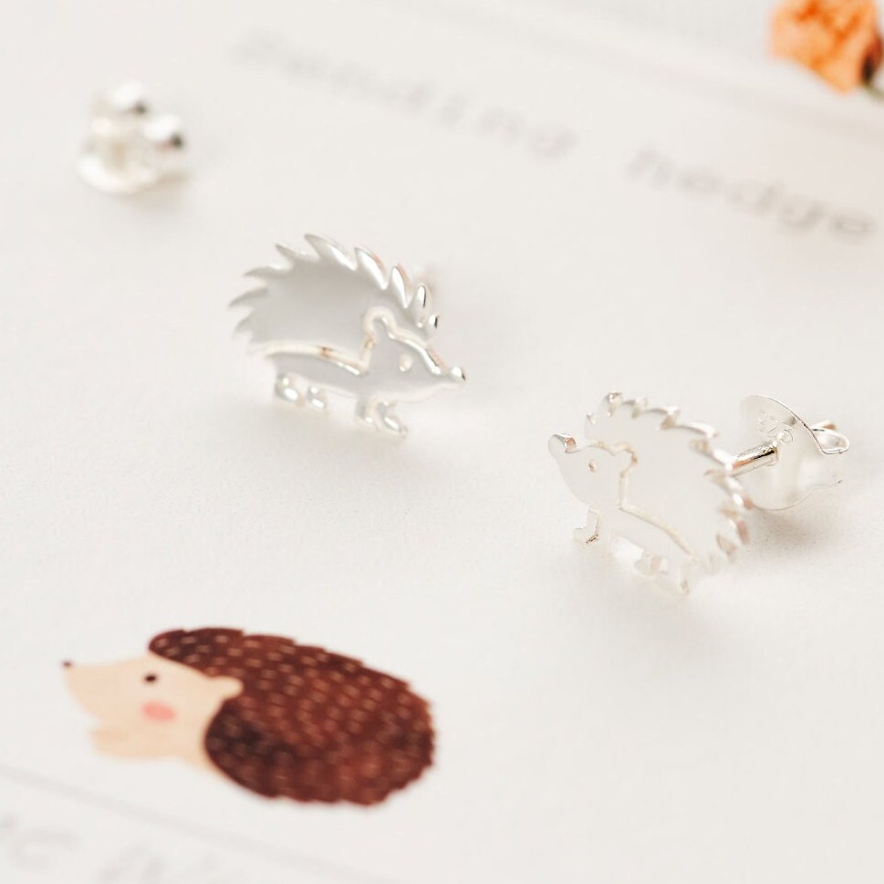 Cute detailed little Hedgehog Sterling Silver Stud Earrings on Bespoke gift card which says 'Sending hedge-hugs'