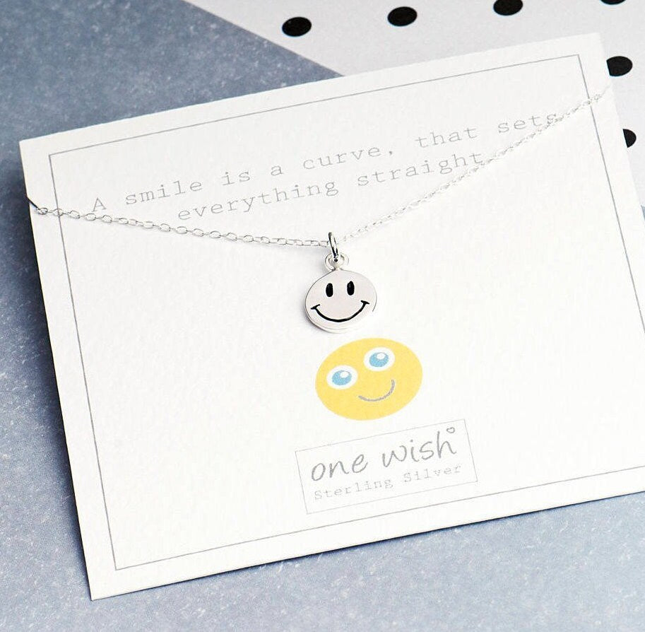 Smiley face emoji sterling silver necklace on my bespoke gift card that says - A smile is a curve that sets everything straight' gift for friend, gift for bestie, gift for daughter, silver 925, cute gift, designed by Rachel Grace & Valour