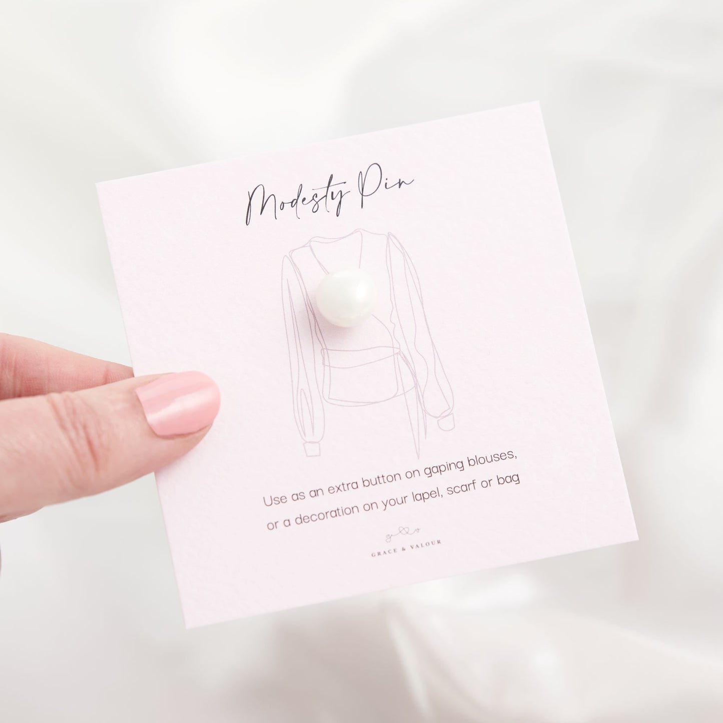 Cute white pearl modesty pin on bespoke cleavage pin gift card, gifts under £10, gift for her, gift for mum, gift for daughter