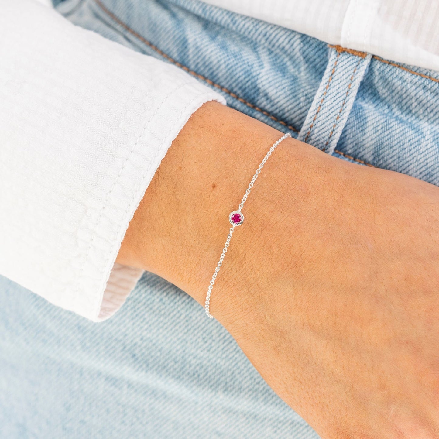 Birthstone bracelets on dainty cable chain, sterling silver a CZ stone in the colour of the appropriate gemstone for the birth month.