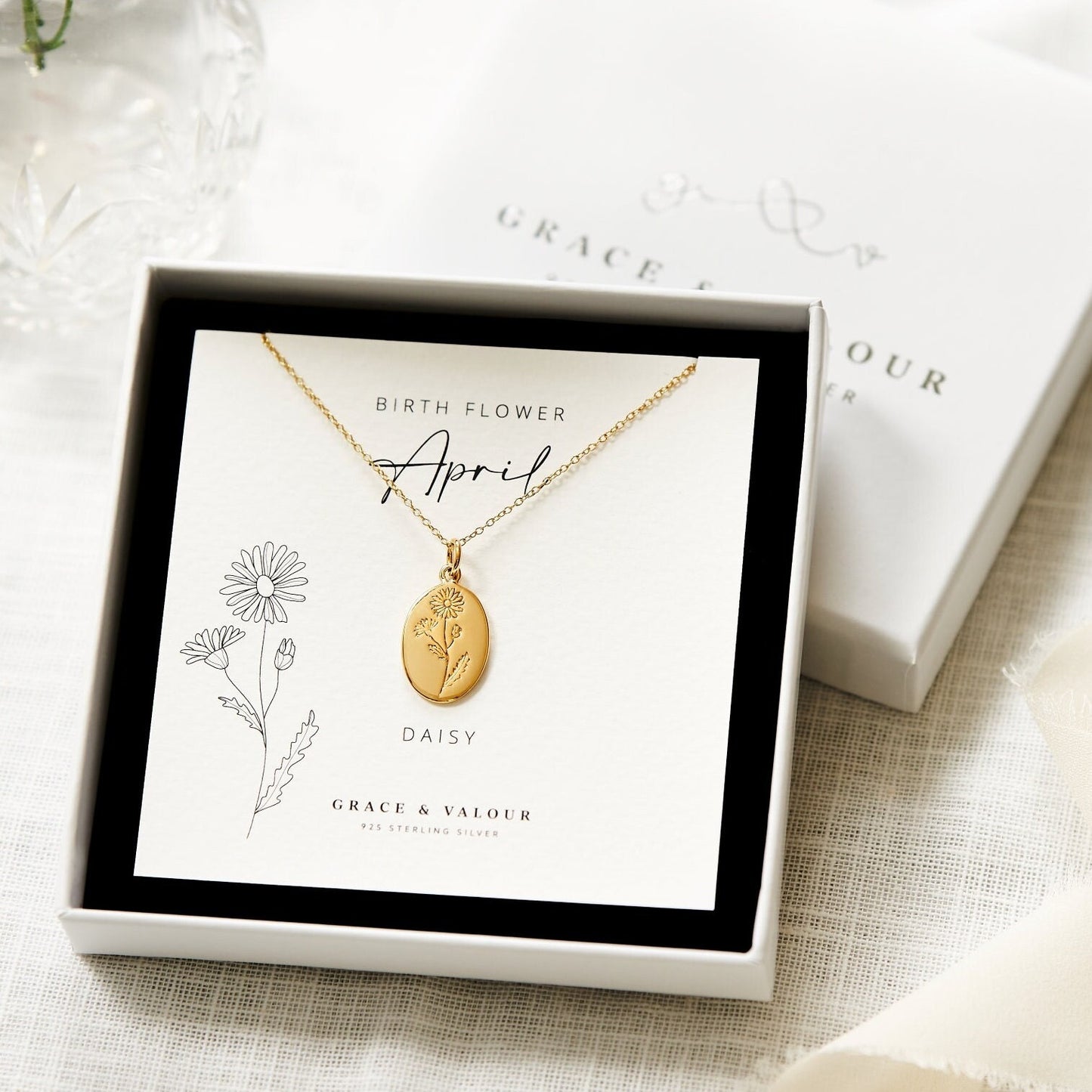 Daisy April birth flower necklace in gift box, ready for gifting, designed by Rachel, Grace & Valour