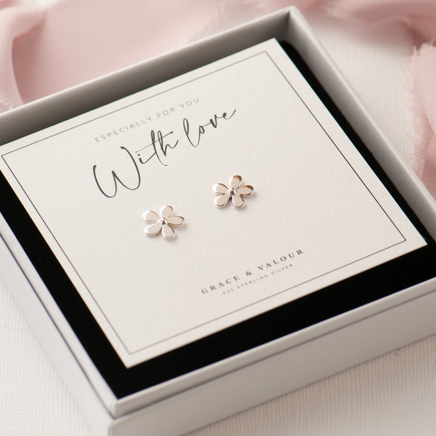 Daisy Sterling Silver Stud Earrings in Gift Box ready for gifting, With love gift card and daisy silver 925 stud earrings, gift for bridesmaids, gift for her, mother's day gift.