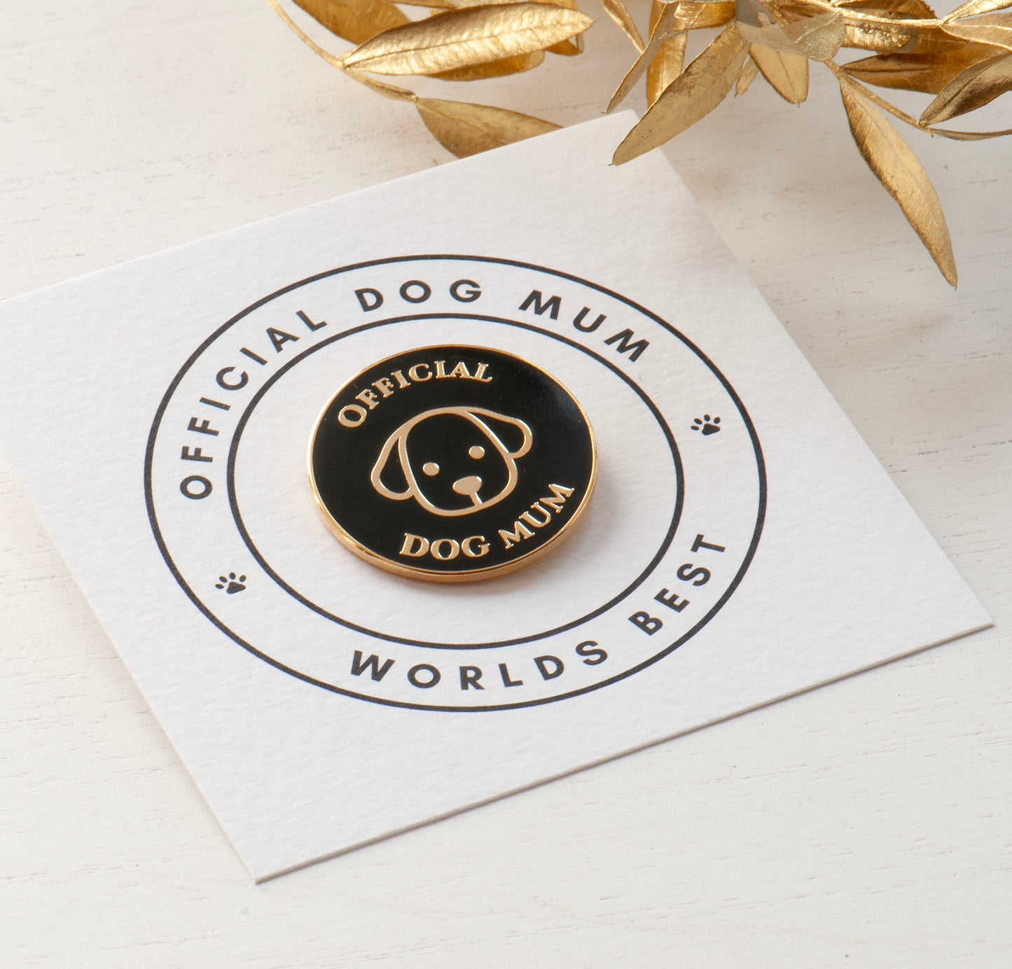 Dog mum pin on gift card, Black and gold quality enamel pin designed by Rachel Grace & Valour, gifts under £10, Dog face pin, cute doggie pin, official dog mum pin