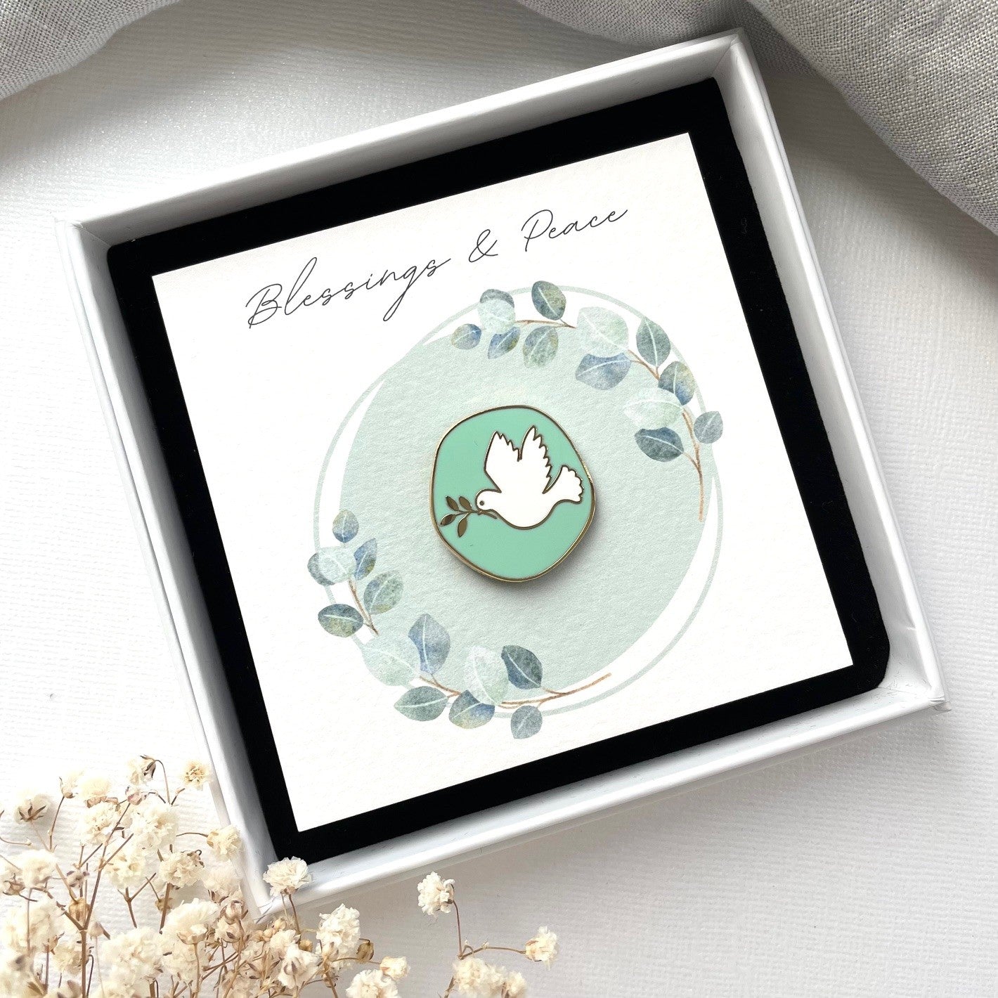 Dove of peace enamel pin on my bespoke gift card and packaged in an elegant white gift box ready for gifting