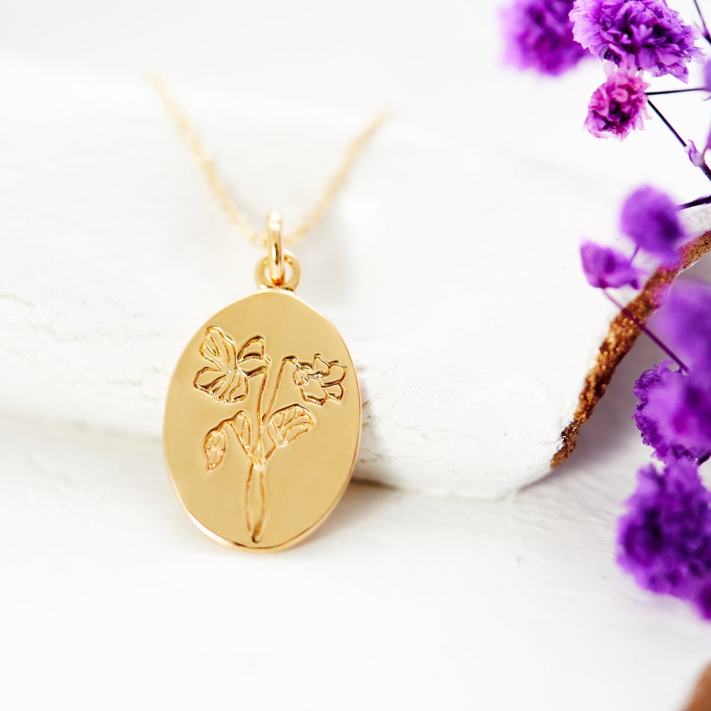Engraved february birthflower necklace, violet birth flower