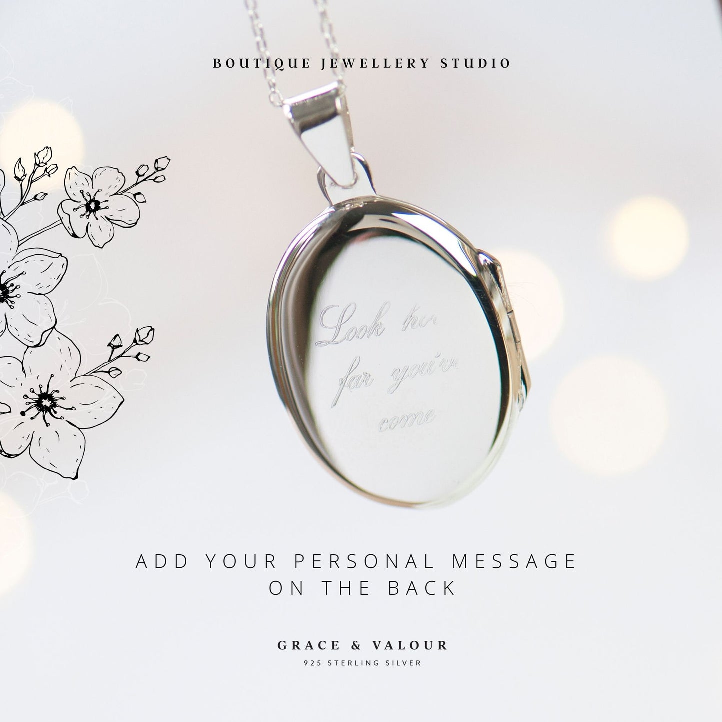 Engraved message on the back of the locket by Grace & Valour, add your message to your order and i will engrave it beautifully for you.
