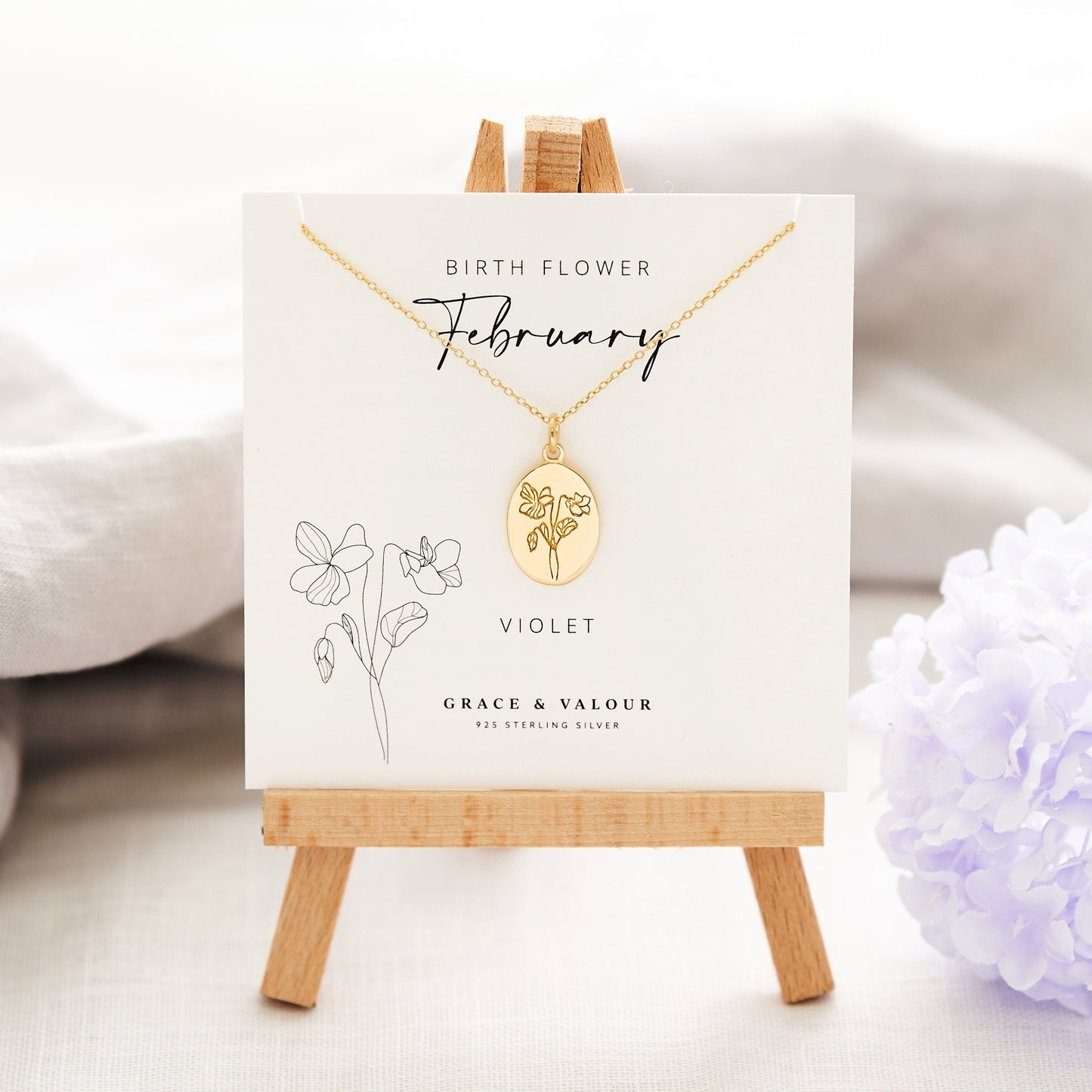 February Birthflower necklace, Violet Birthflower gold oval engraved necklace. Gift for february birthday, gift for her.