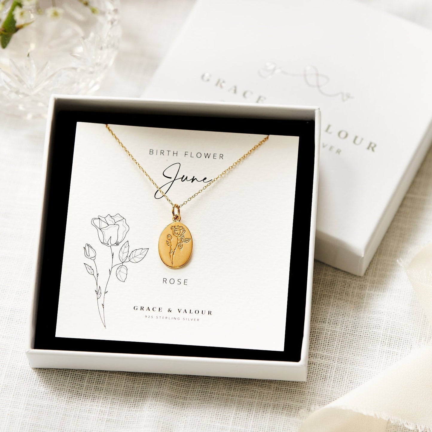 June Birthflower rose gold engraved necklace on bespoke gift card, june birthday gift, sterling silver 925, gift for her, gift for friend, bridesmaids gift, gift for mum, wedding gift, thoughtful gift, can be personalised with an engraving on the back of the pendant, gift boxed and ready for gifting