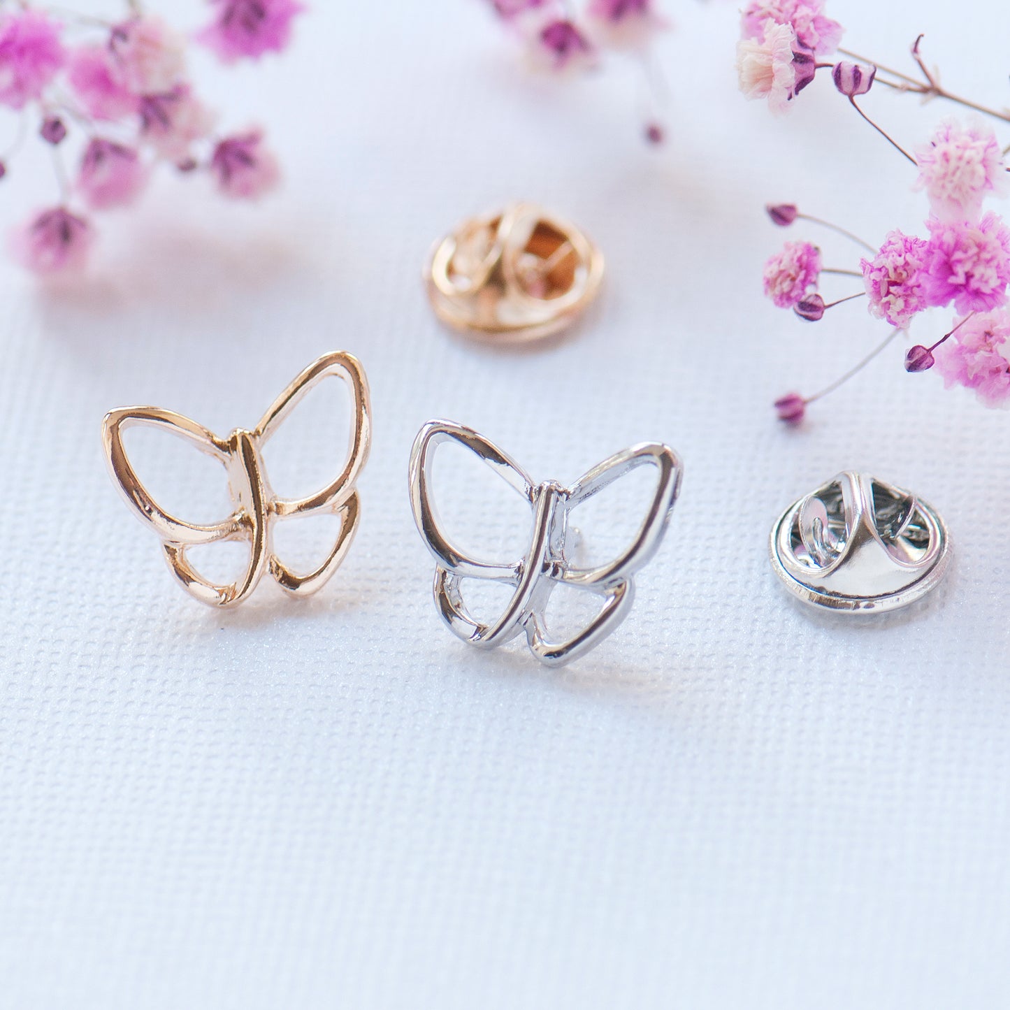 Gold & Silver butterfly modesty or extra button pin on bespoke gift card - Grace & Valour. Gift for mum, gift for bridesmaids, gift for her