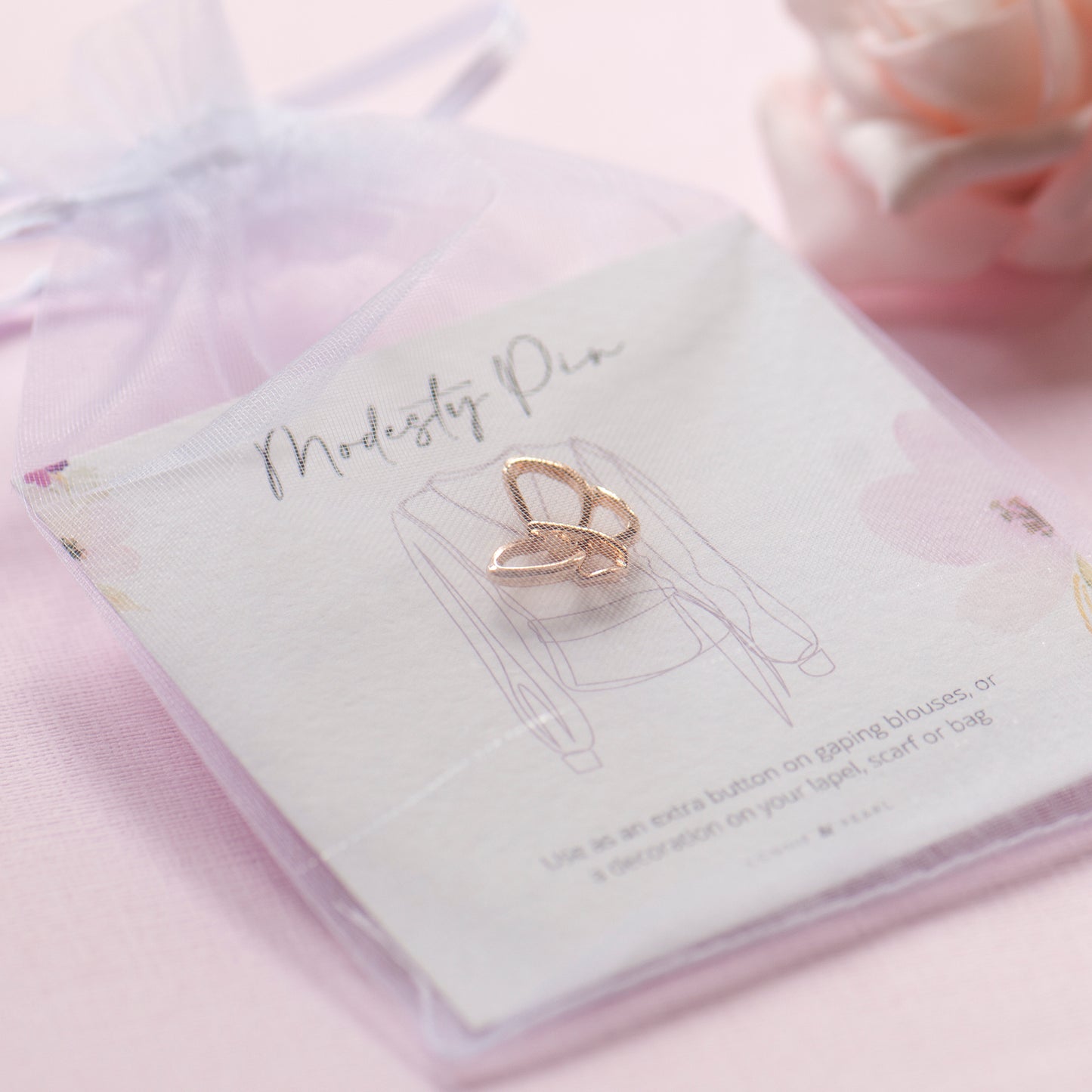Gold & Silver butterfly modesty or extra button pin on bespoke gift card in dainty chiffon pouches ready for gifting. Ideal wedding favours, thoughtful gifts for ladies
