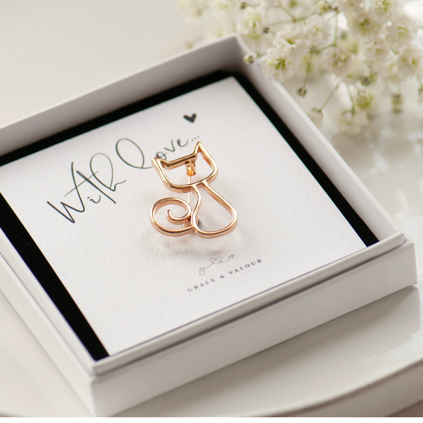 Gold cat outline brooch on my 'with love' giftcard, in an elegant white gift box, cat lovers gift, animal lovers gift, cat mum gift,