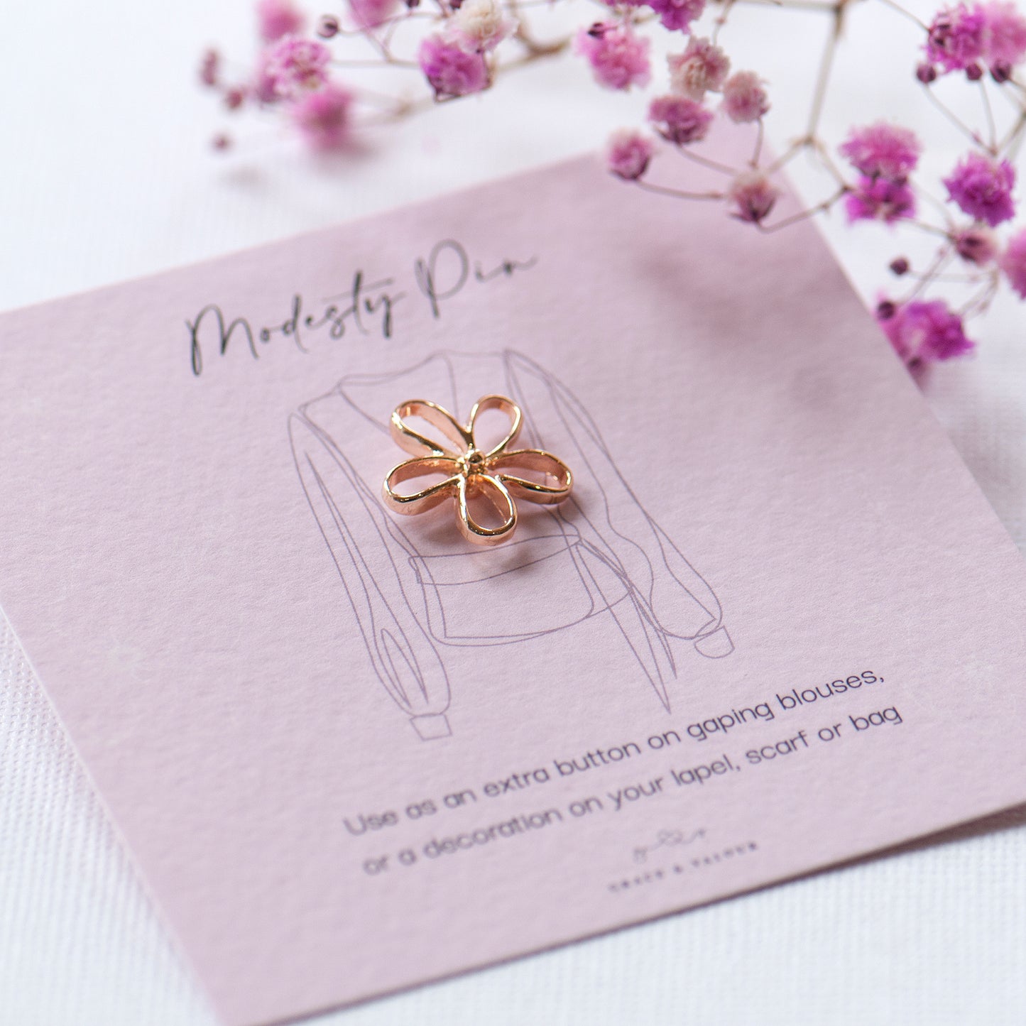 Gold flower modesty pin Grace & Valour on bespoke modesty pin gift card, so pretty in pink