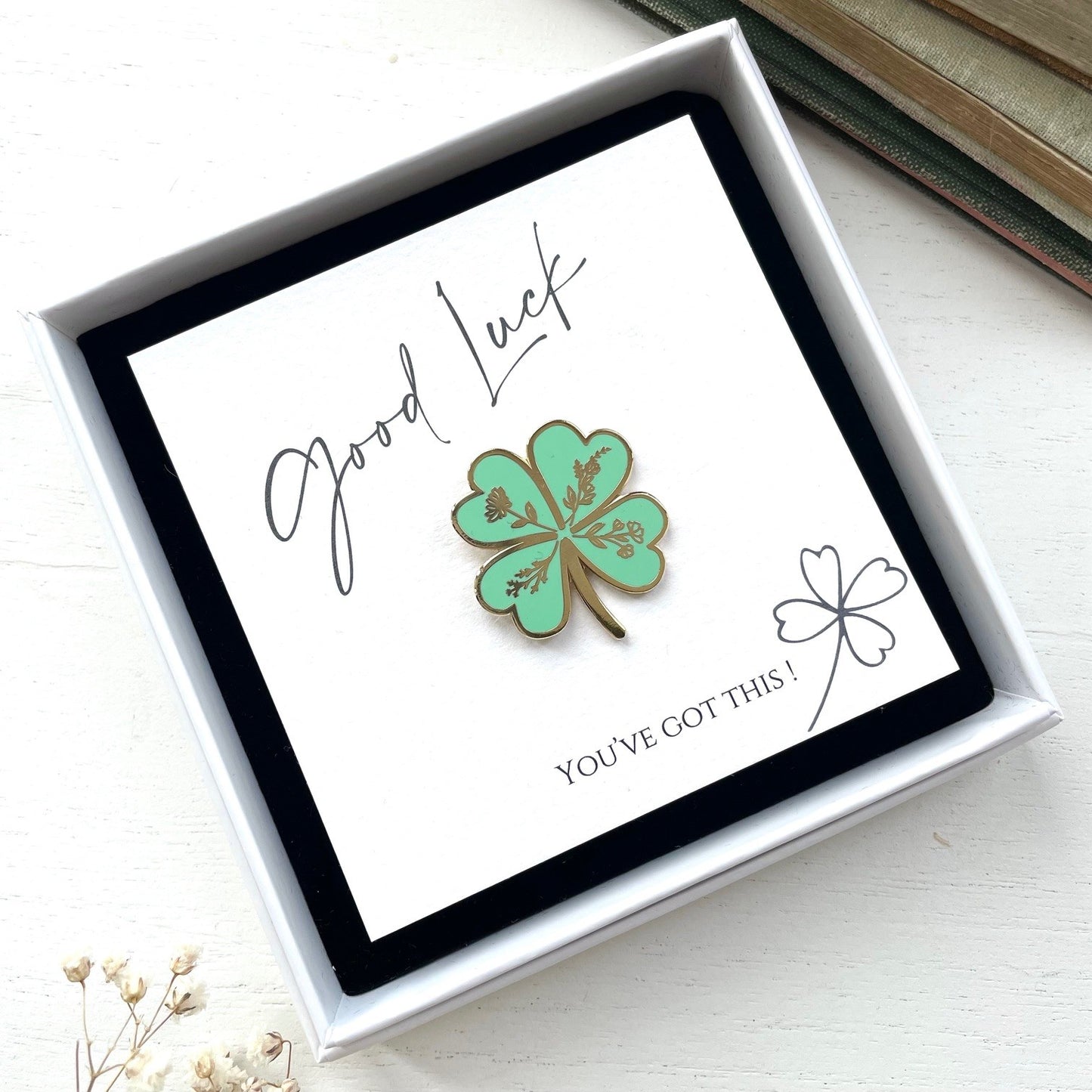 Good luck green and gold clover lapel pin in gift box, gifts under £10, good luck gift, lucky gift, exam gift, driving test gift