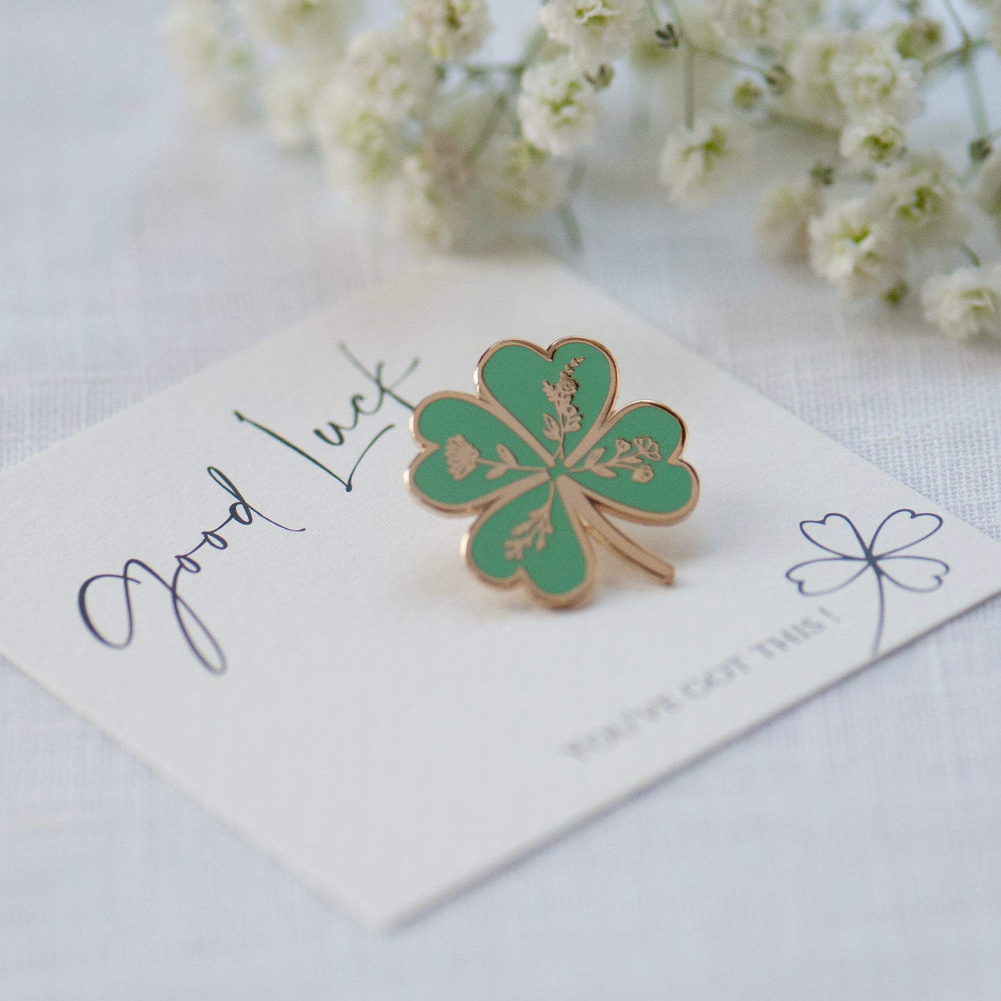 Good luck green and gold clover lapel pin on good luck gift card, gifts under £10, good luck gift, lucky gift, exam gift, driving test gift