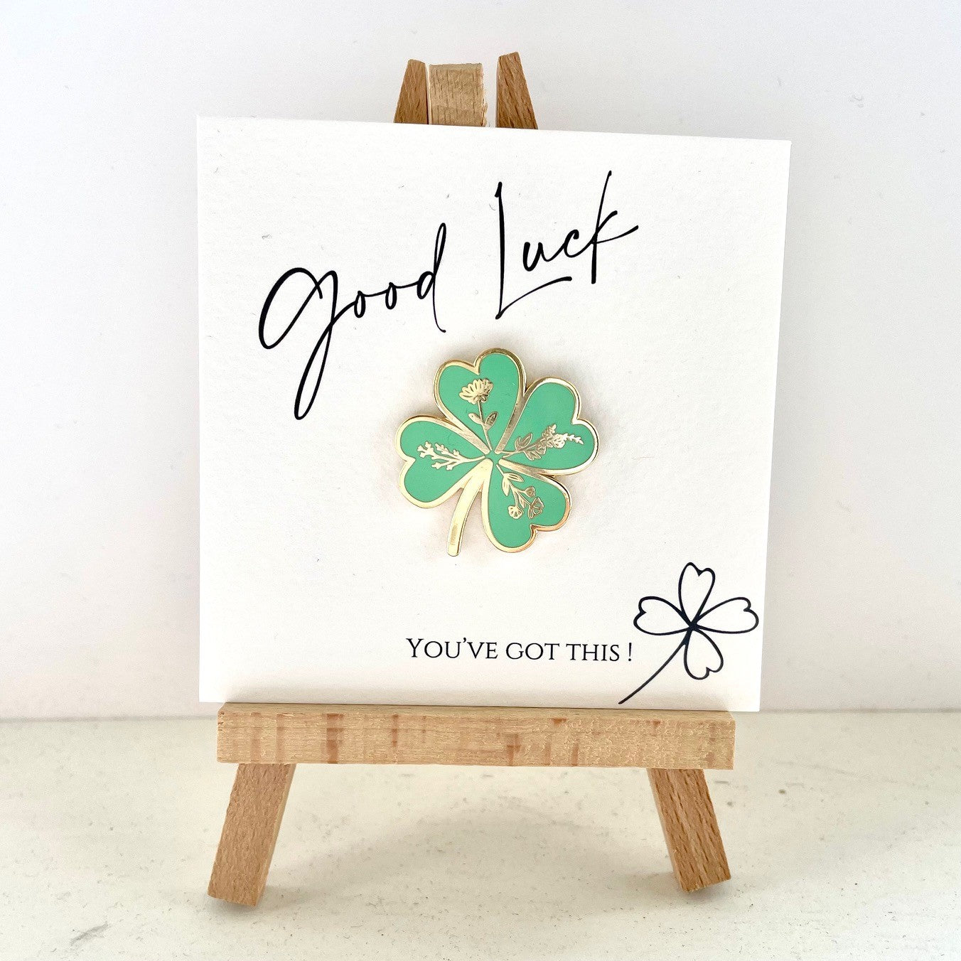 Good luck green and gold clover lapel pin on good luck, you've got this' gift card, gifts under £10, good luck gift, lucky gift, exam gift, driving test gift