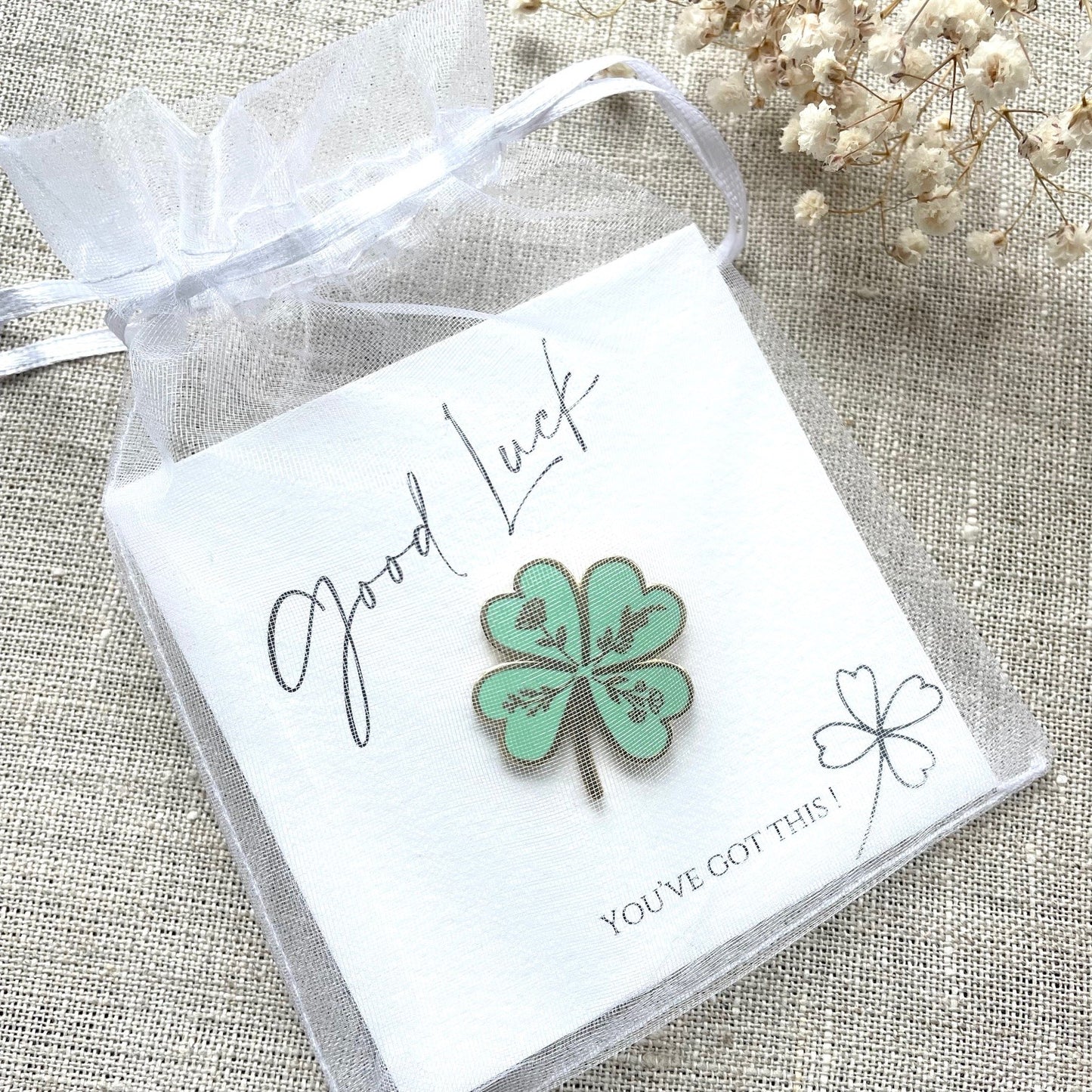 Good luck green and gold enamel pin on my bespoke gift card 'Good luck, you've got this' in sweet chiffon pouch ready for gifting