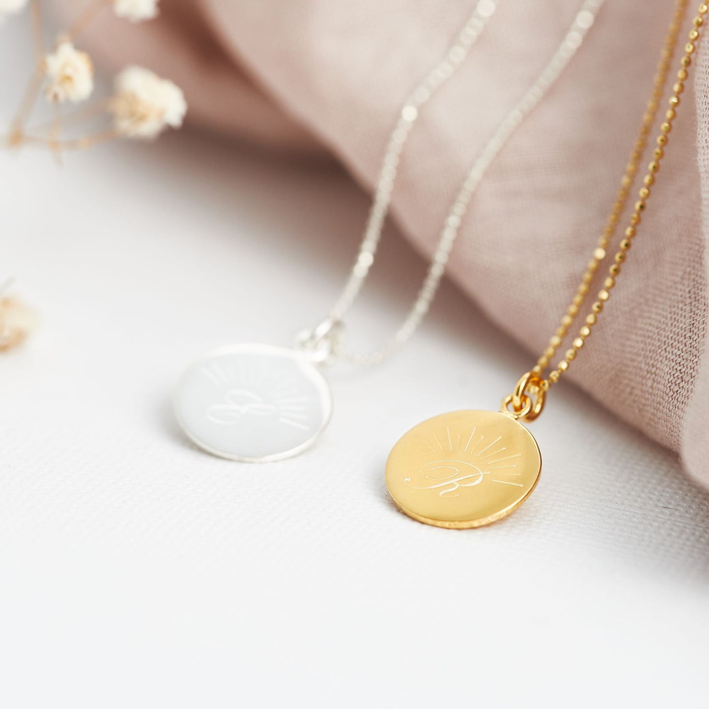 sunrise, sunset, initial disc necklaces made from sterling silver and gold or rose gold plated