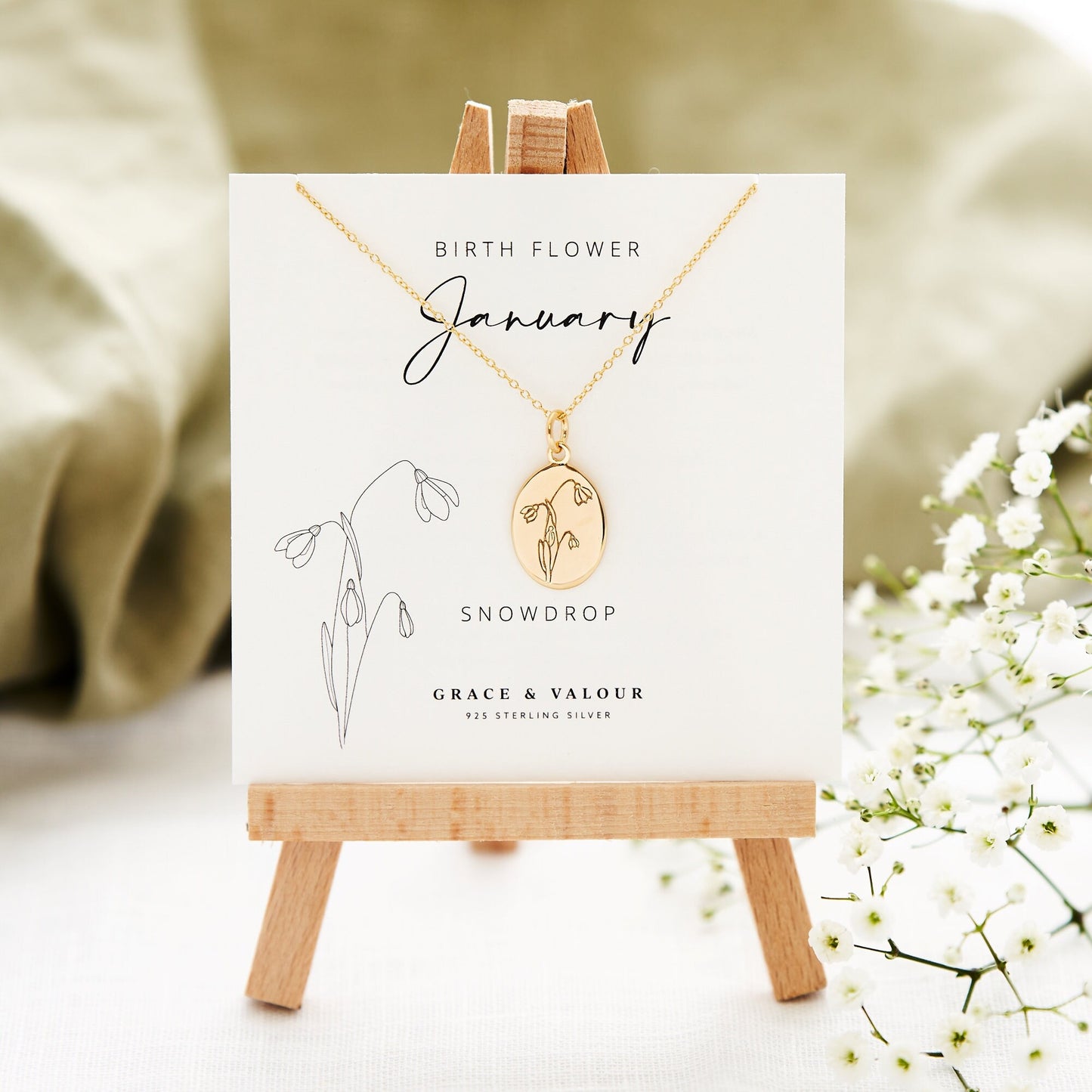 January Snowdrop sterling silver gold plated necklace, the ideal gift for January babies, gift for mum, gift for her, thoughtful gift, meaningful gift for her