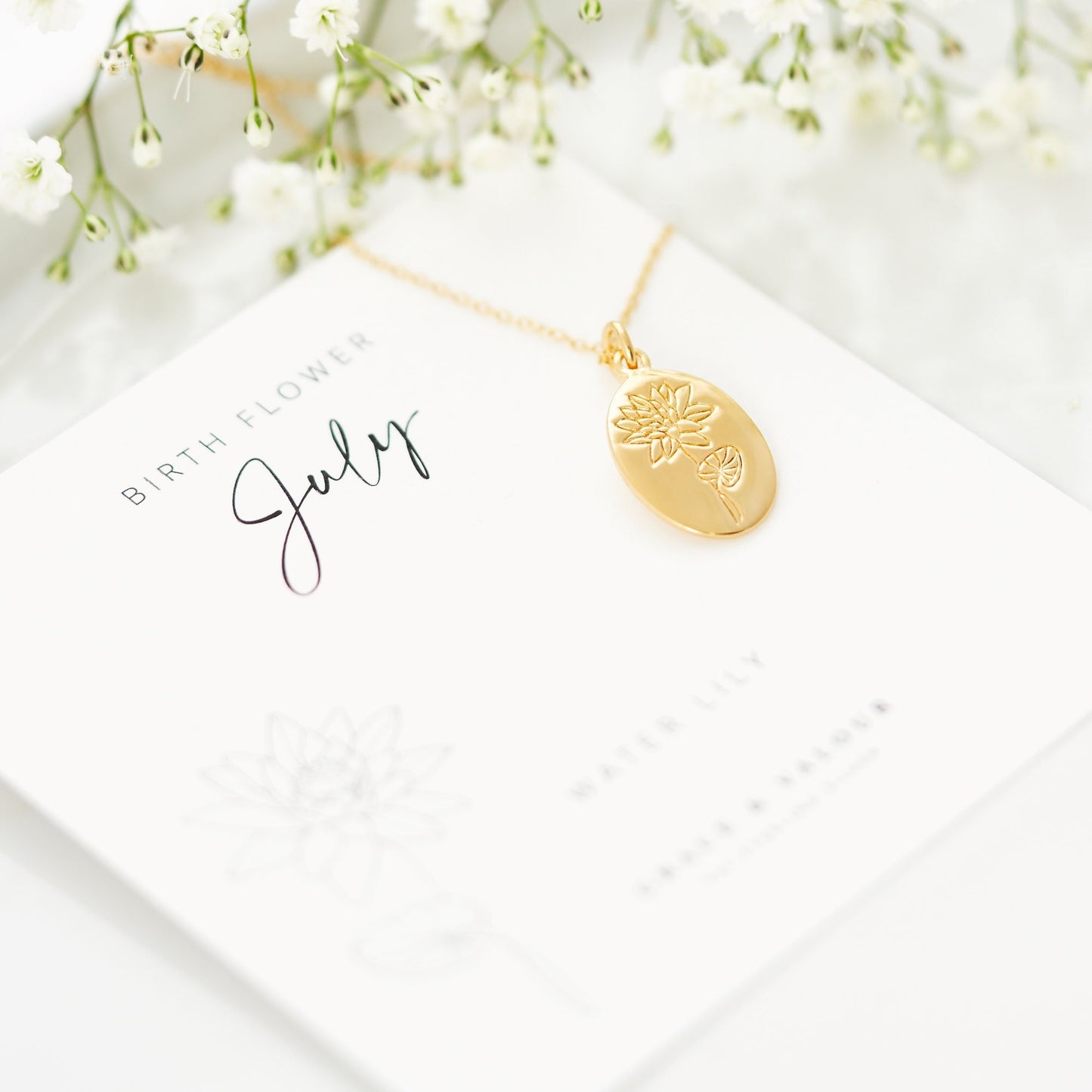 July Birthflower - Waterlily gold oval necklace on bespoke July gift card. Made from Sterling Silver, arrives gift boxed, ready for gifting, gift for mum, gift for friend, gift for her, silver 925. Designed by Rachel - Grace & Valour