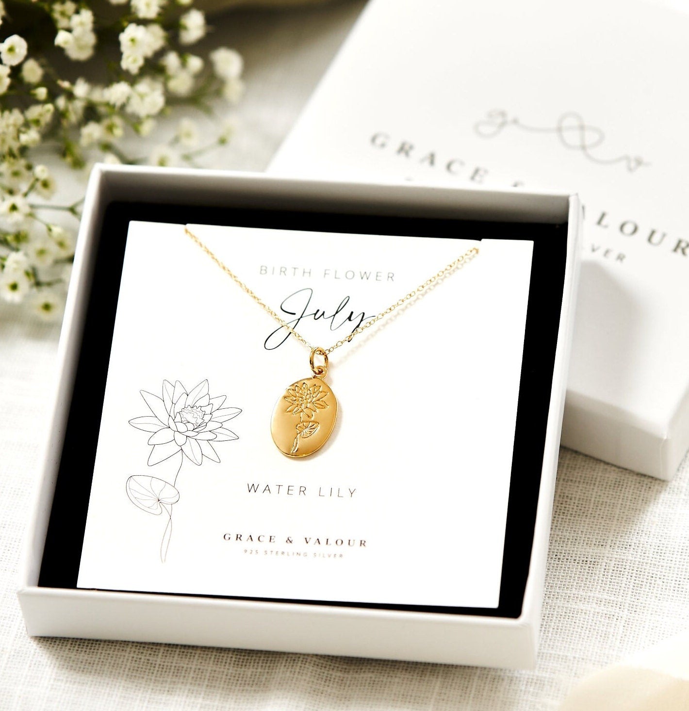 July birth flower necklace gift boxed, ready to gift. Wedding gift, mother's day gift, bridesmaid gift, gift for friend, July birthday gift idea, silver 925, gold plated over sterling silver, Grace and Valour