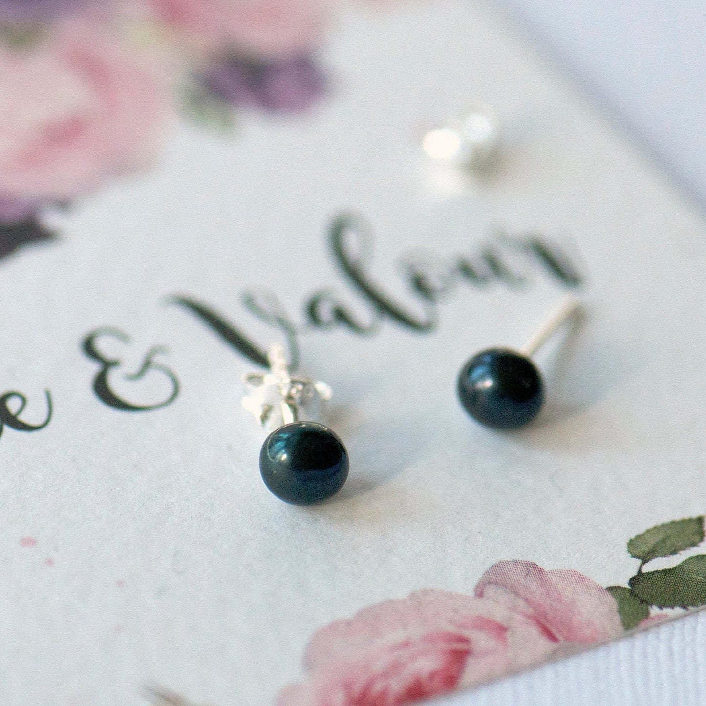 black pearl and sterling silver stud earrings on bespoke gift card - Grace & Valour