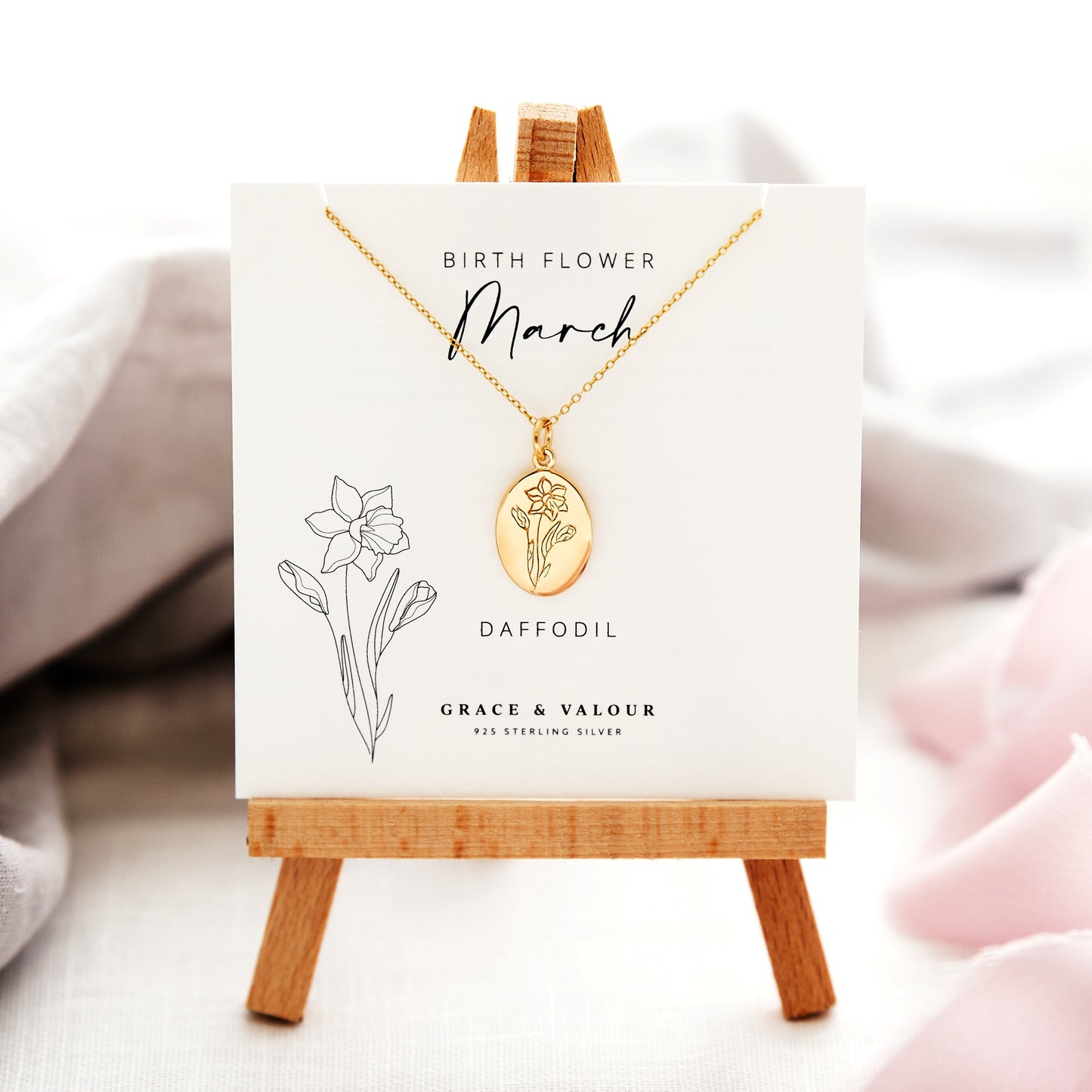 March birthflower, beautiful cheerful daffodil gold necklace, made from sterling silver and gold plated to one micron. Great gift for a march birthday girl, gift for mum, gift for mothers day, gift for her
