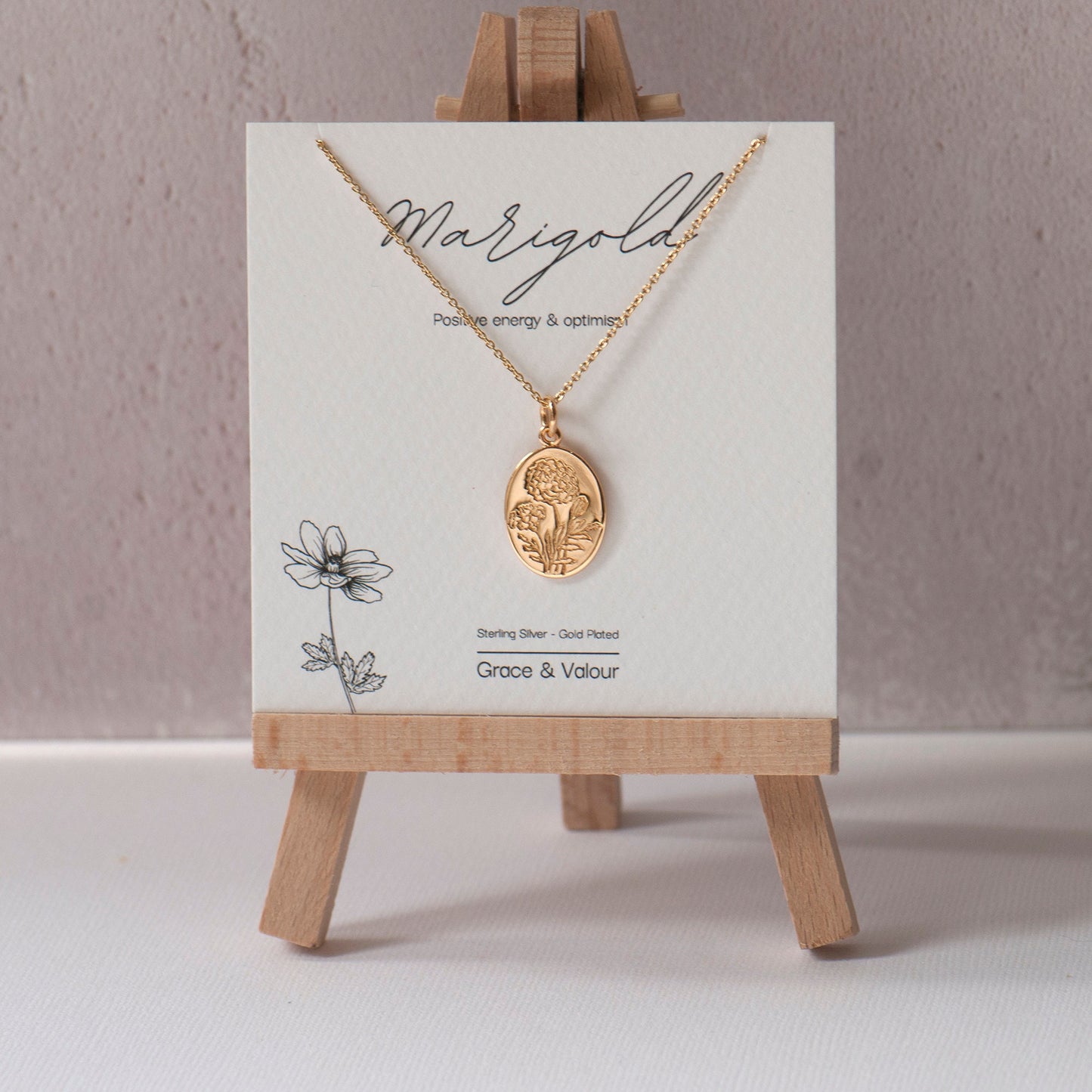 Marigold Engraved Gold Plated Flower Necklace, gardener gift, nature lover gift, personalised gift for her, gift for mum