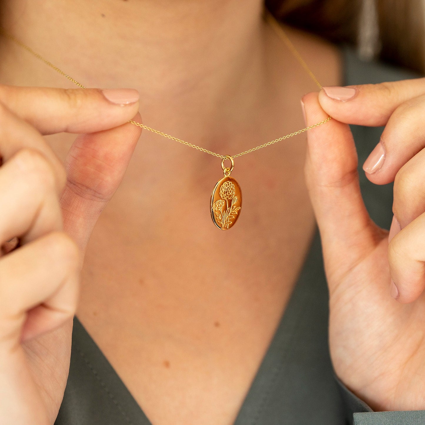 Marigold Engraved Gold Plated Flower Necklace shown on model, flower lover gift, nature lover gift