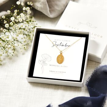 Morning Glory flower for September - gold plated birthday gift necklace in gift box ready for gifting