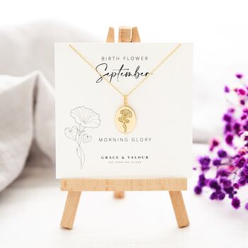 Morning Glory flower for September - gold plated birthday gift necklace on September gift card