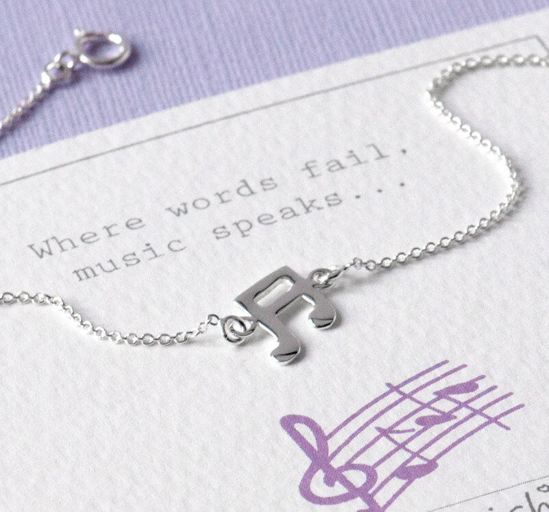 Music note sterling silver 925 bracelet on gift card that reads 'Where words fail, music speaks' Gift for musician, gift for singer, gift for her
