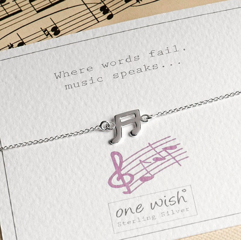 Music note sterling silver 925 bracelet, on bespoke gift card which reads 'where words fail, music speaks' Gift for singer, gift for musician, gift for music lover.