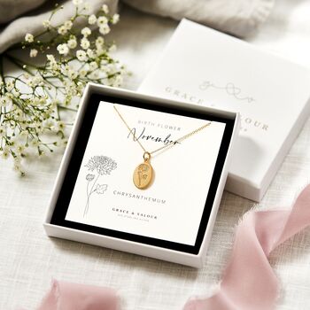 chrysanthemum birth flower for november engraved gold oval necklace on bespoke november gift card. designed by Rachel for grace and valour - gifts under £50, wedding gifts, birthday gifts, thoughtful gifts