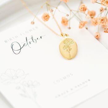 October birth flower, the cosmos, engraved in sterling silver and gold plated, on a 16-17.5 inch matching cable chain and presented on my bespoke October birth flower gift card. Designed by Rachel for Grace & Valour