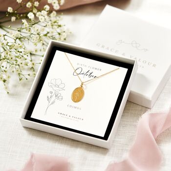 October birth flower, the cosmos, engraved in sterling silver and gold plated, on a 16-17.5 inch matching cable chain and presented on my bespoke October birth flower gift card. Designed by Rachel for Grace & Valour