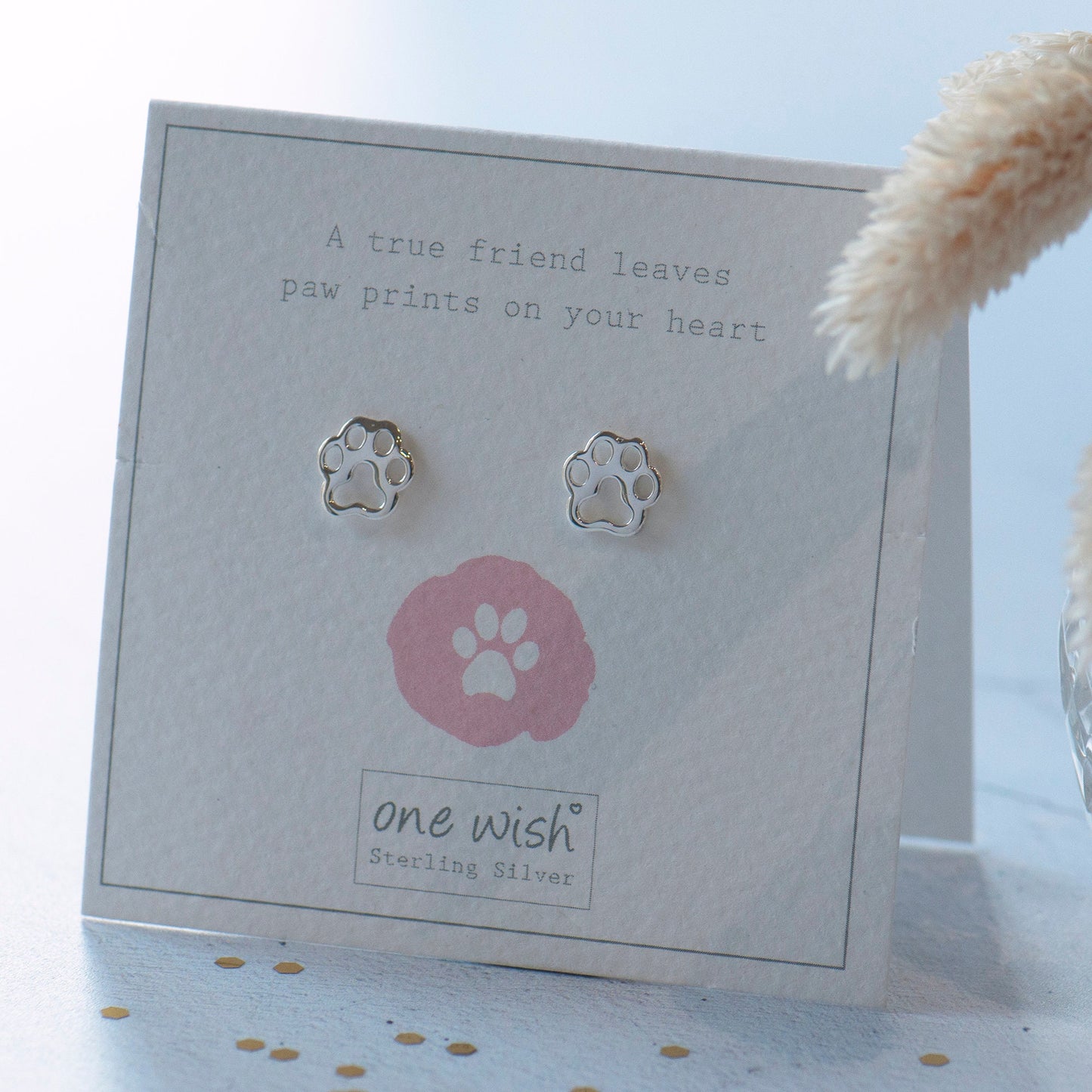 Paw prints on your heart quote, animal pawprint stud earrings, sterling silver 925 paw print studs - Grace & Valour. Gift for animal lover, dog owner gift, cat owner gift, animal remembrance gift, rainbow bridge gift for animal owner, designed by Rachel, Grace & Valour