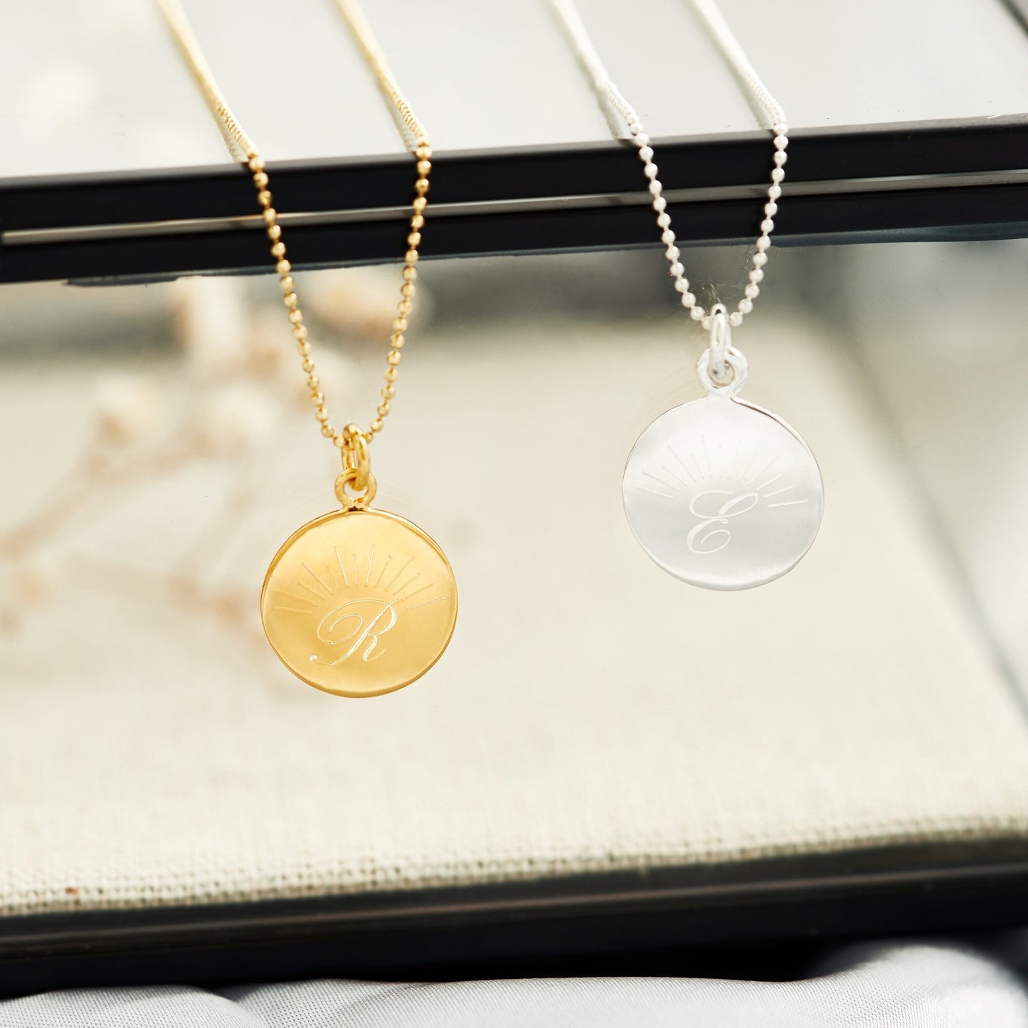 sunrise, sunset, initial disc necklaces made from sterling silver and gold or rose gold plated