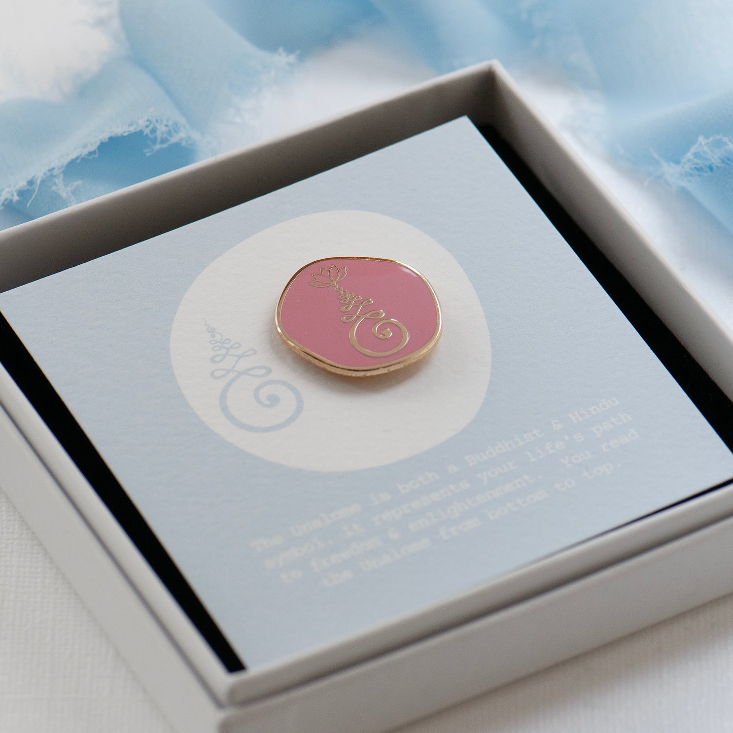 Unalome symbol enamel pin in smoke rose or cornflower blue. Spiritual pin gift, for yoga lovers, meditation gift, gift for friend, gift for bestie, lapel pin unalome