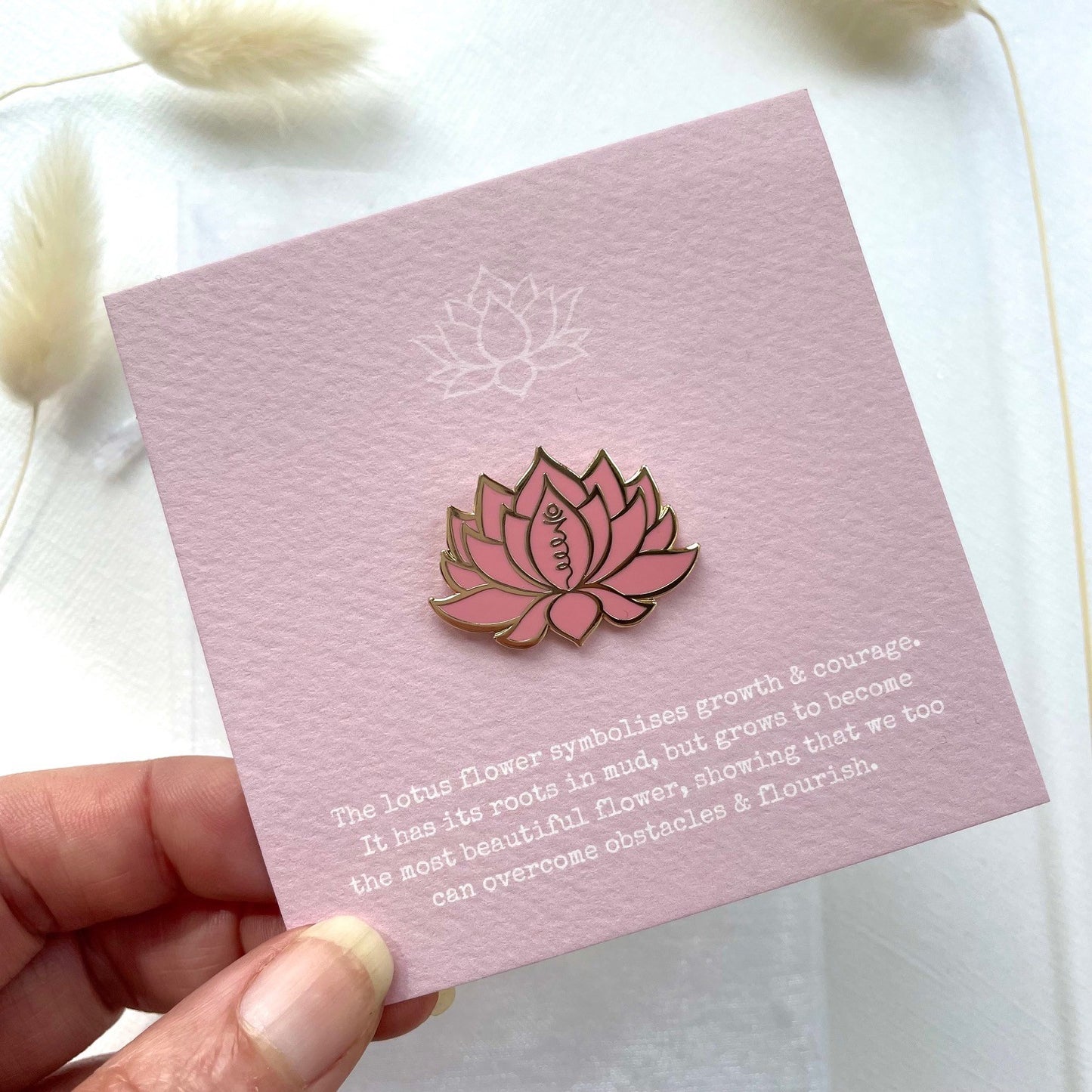 Pink and gold lotus flower pin on my bespoke lotus flower gift card, designed by Rachel - Grace & Valour, gifts under £10, gift for her, flower gift, yoga gift.