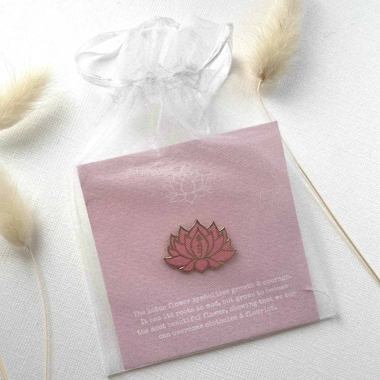 Pink lotus flower enamel pin on lotus flower bespoke gift card, presented in a sweet white chiffon pouch ready for gifting - Grace & Valour, gifts under £10, gift for her, flower gift