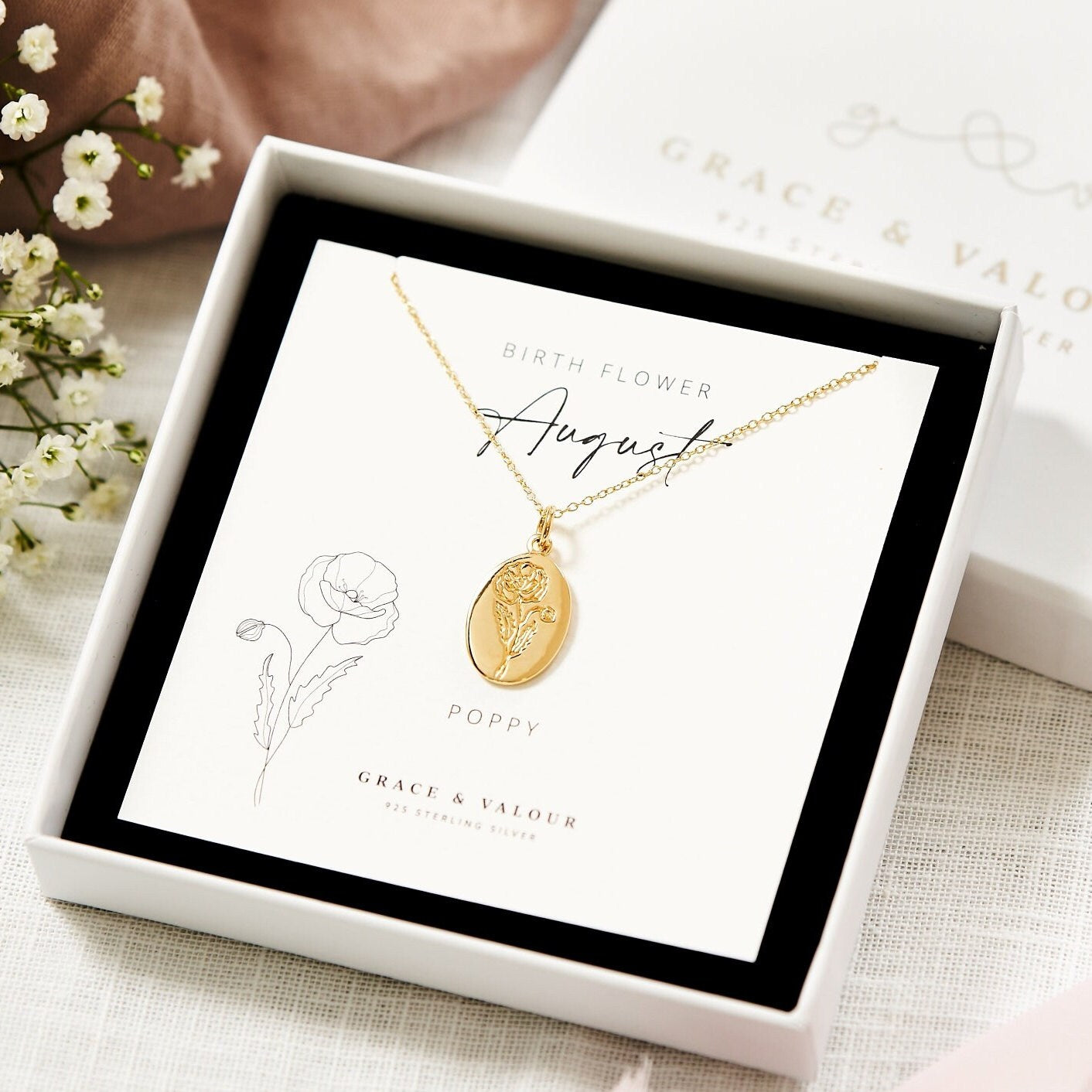 Poppy August Birth Flower Necklace in Gift box, ready for gifting, Giftboxed flower necklace for those born in the month of August. My sweet flower design would be a great gift for a mother. sister or friend. It can be engraved on the back with your personal message to the recipient